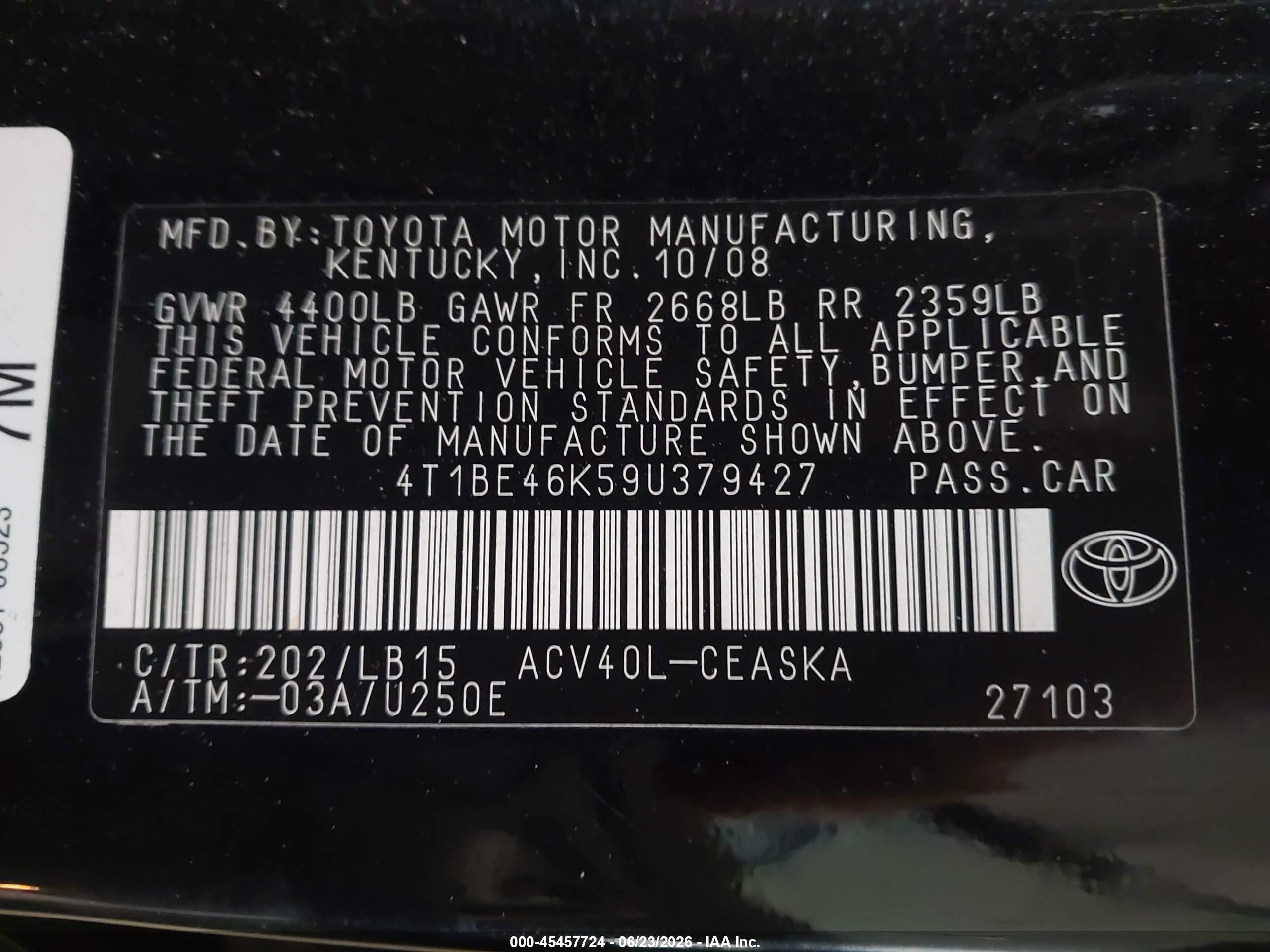2009 Toyota Camry Se Black vin: 4T1BE46K59U379427