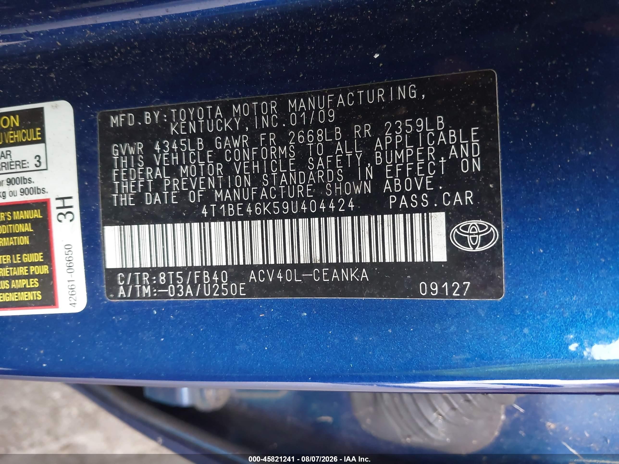 2009 Toyota Camry Le Blue vin: 4T1BE46K59U404424