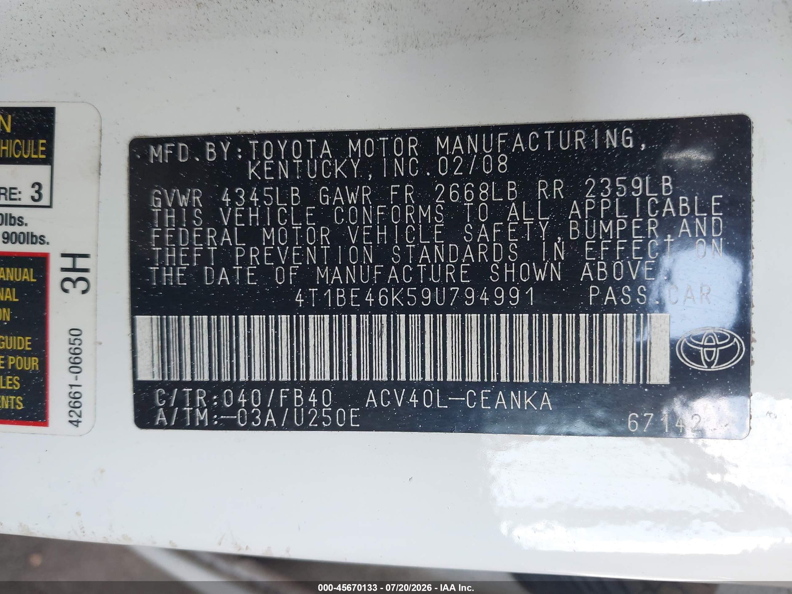 2009 Toyota Camry Le White vin: 4T1BE46K59U794991