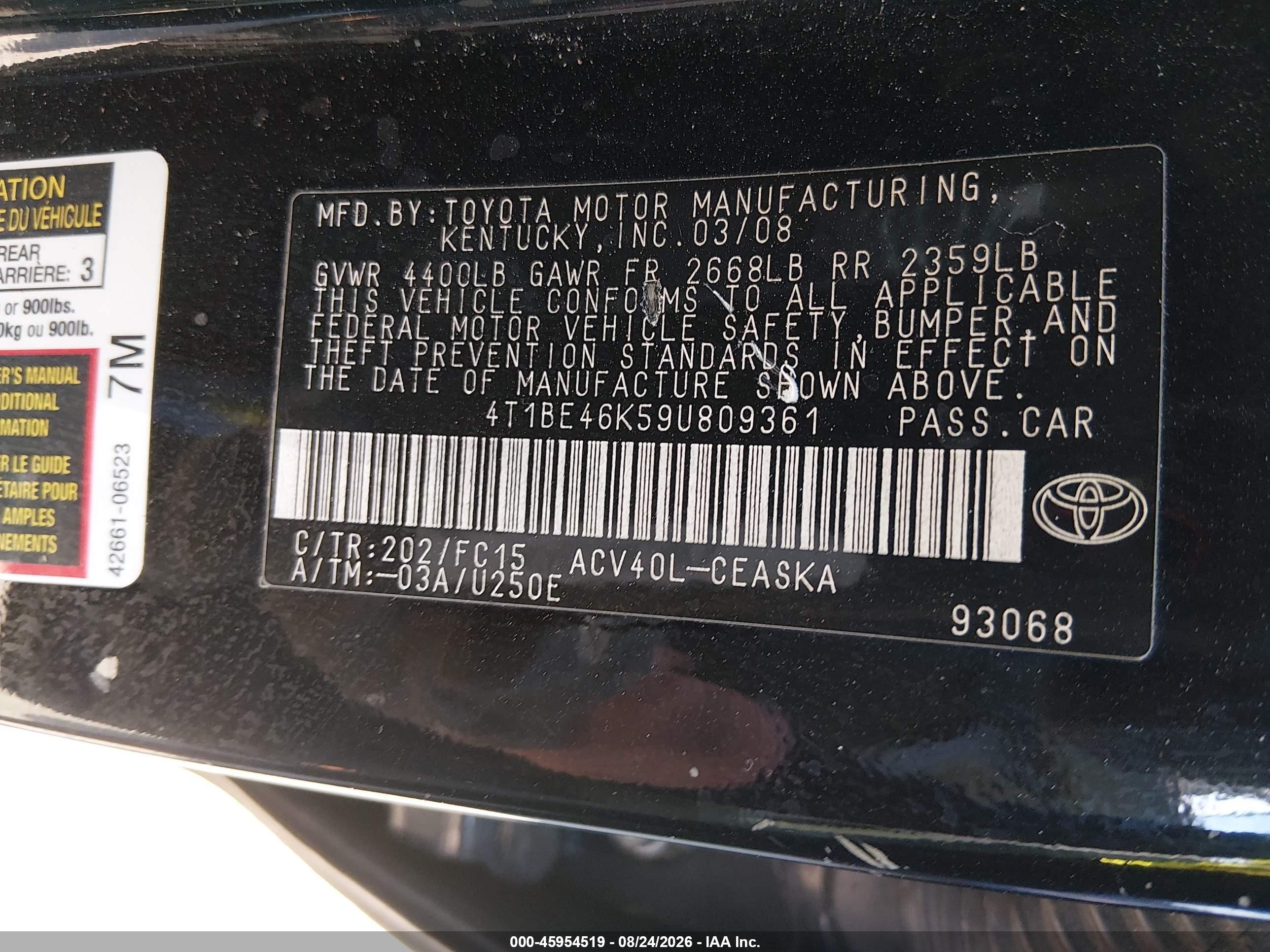 2009 Toyota Camry Se Черный vin: 4T1BE46K59U809361
