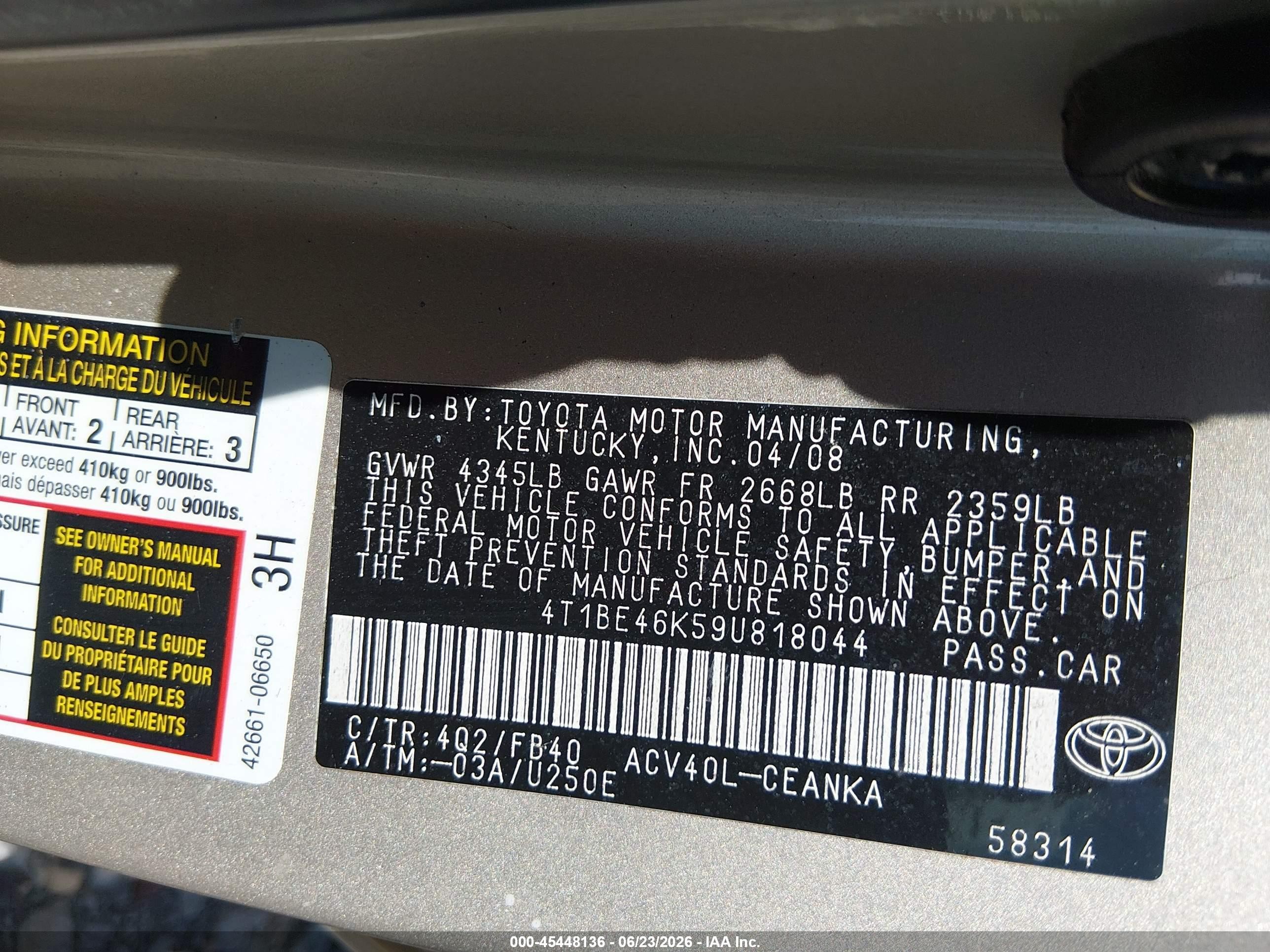 2009 Toyota Camry Le Золотой vin: 4T1BE46K59U818044