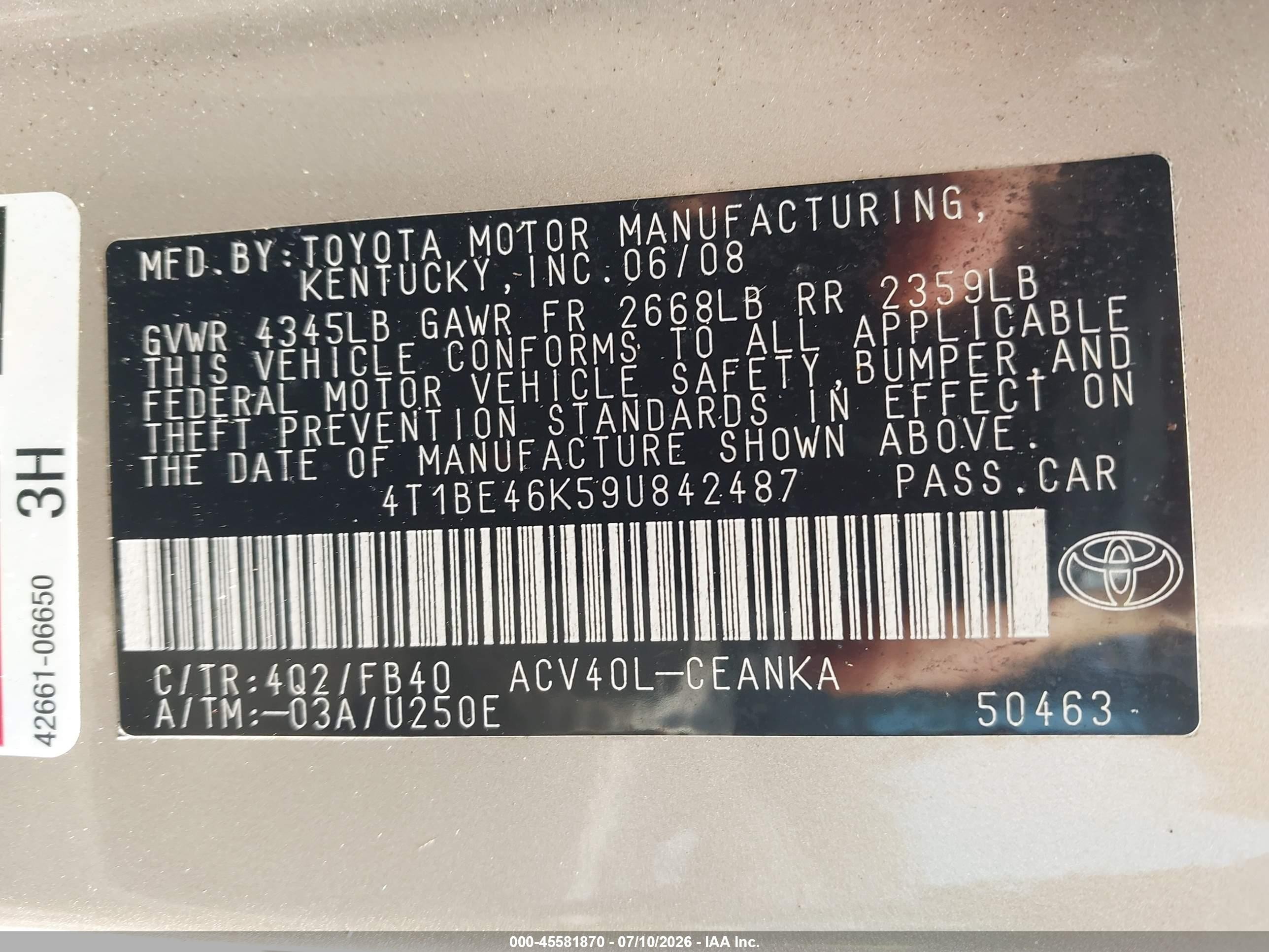 2009 Toyota Camry Le Tan vin: 4T1BE46K59U842487
