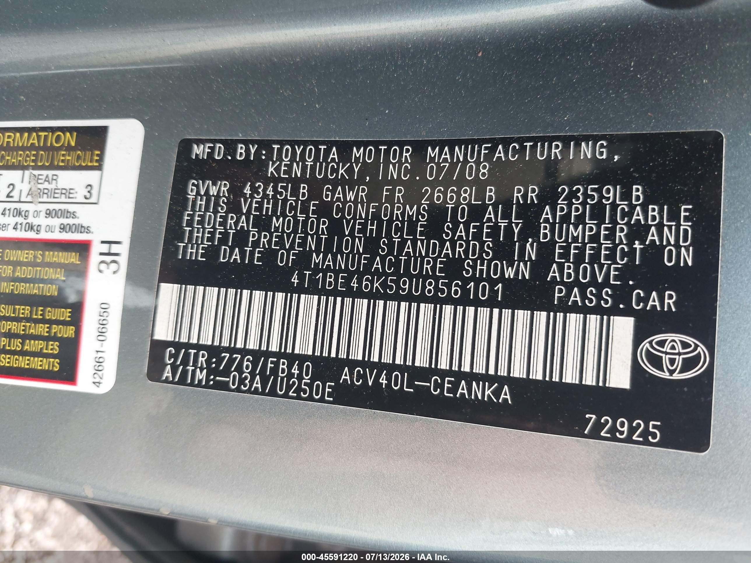 2009 Toyota Camry Le Зеленый vin: 4T1BE46K59U856101