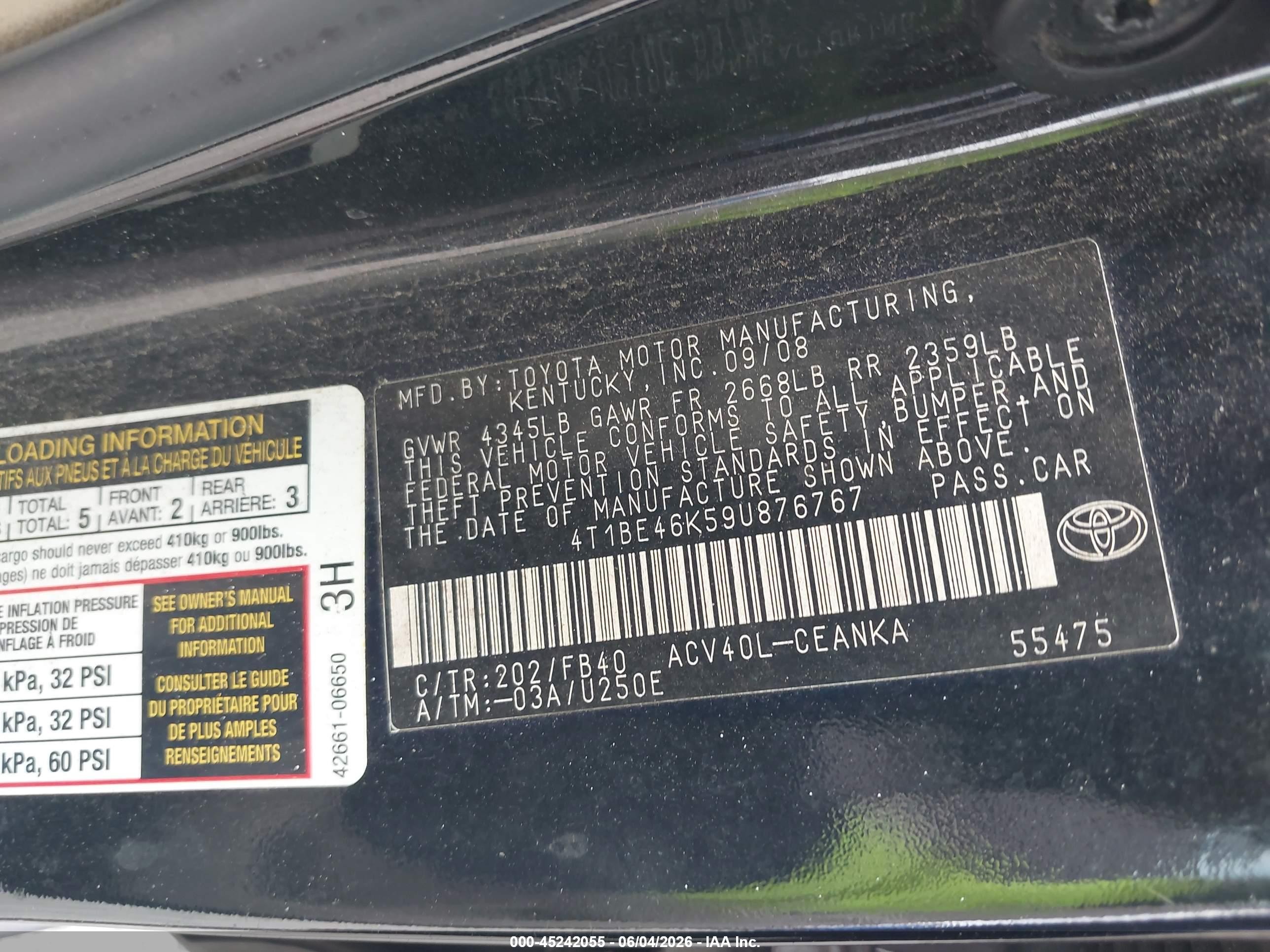 2009 Toyota Camry Le Black vin: 4T1BE46K59U876767