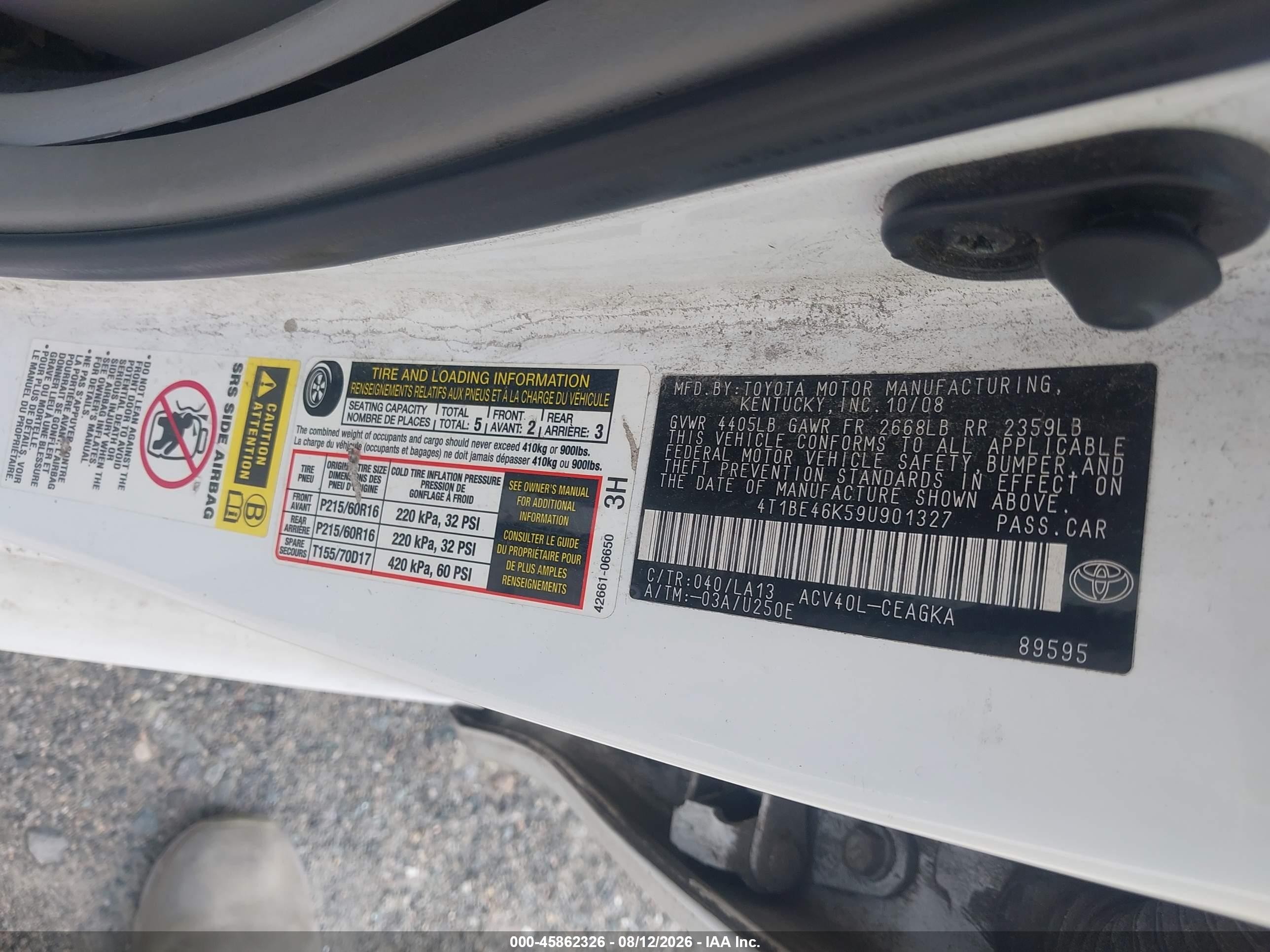2009 Toyota Camry Se/le/xle Белый vin: 4T1BE46K59U901327