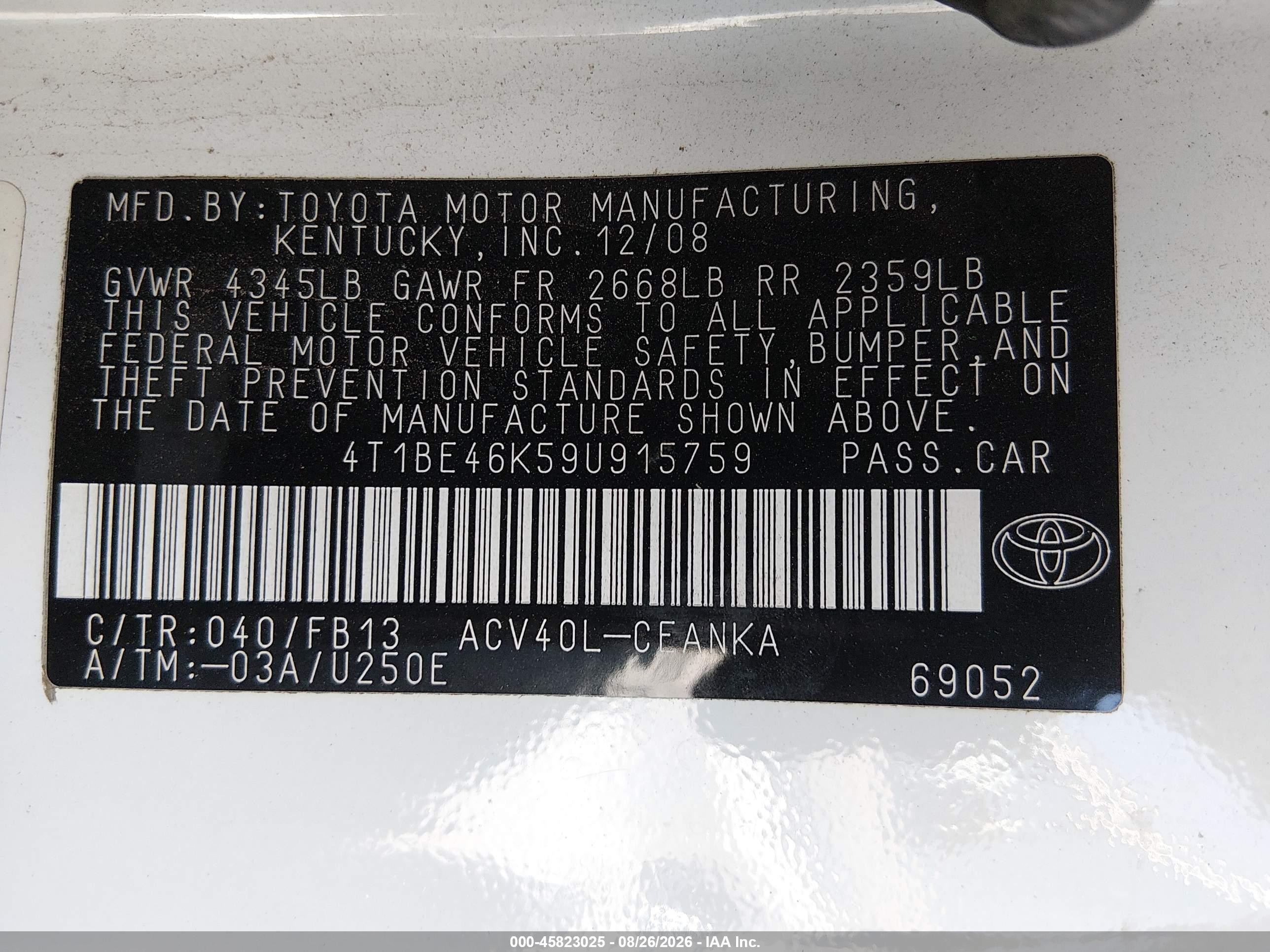 2009 Toyota Camry Le White vin: 4T1BE46K59U915759