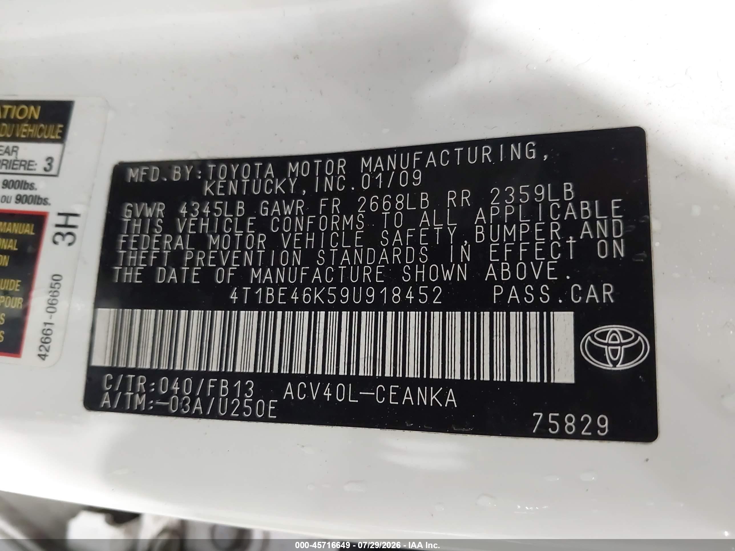 2009 Toyota Camry Le Белый vin: 4T1BE46K59U918452