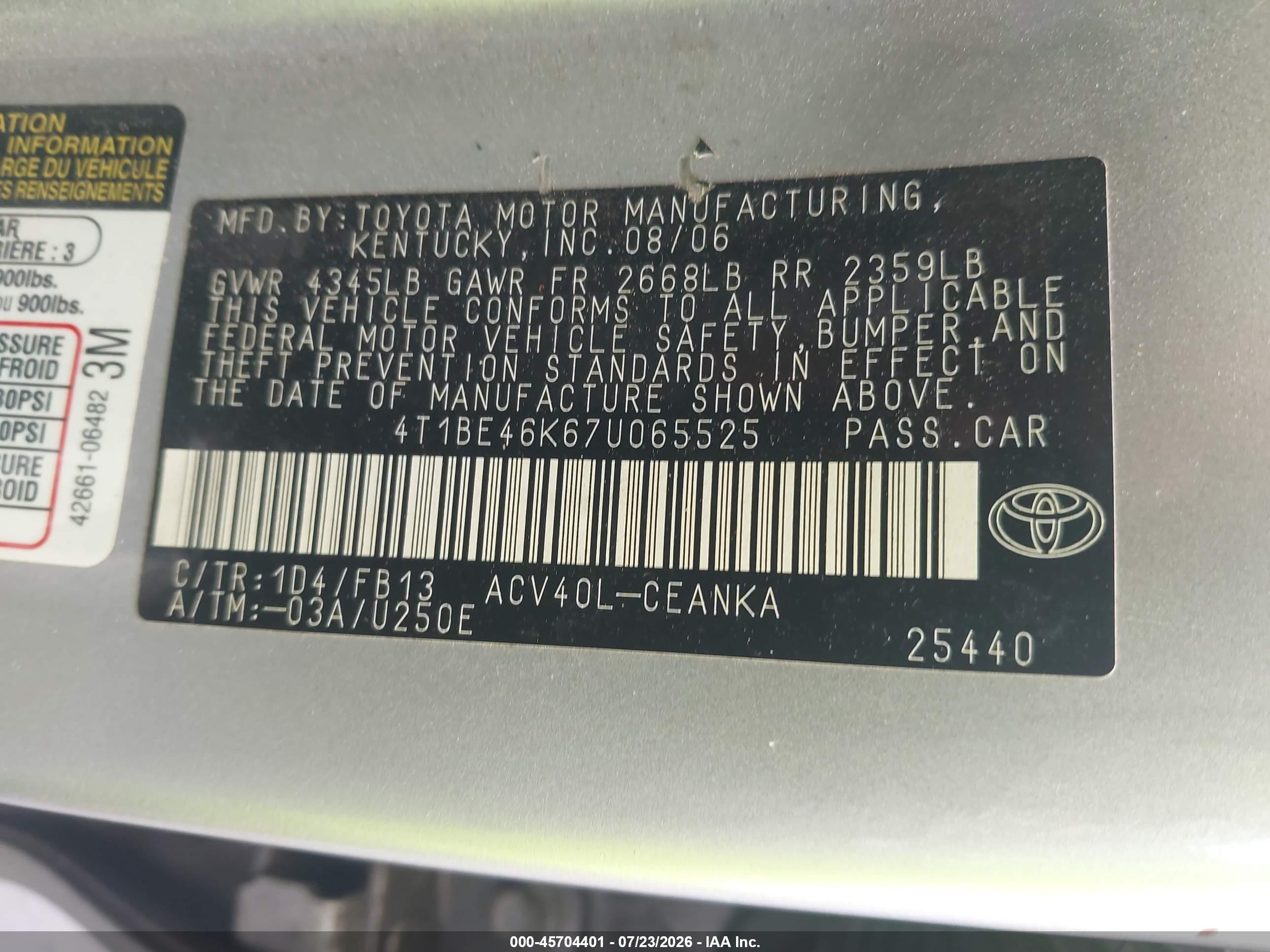 2007 Toyota Camry Le Gray vin: 4T1BE46K67U065525