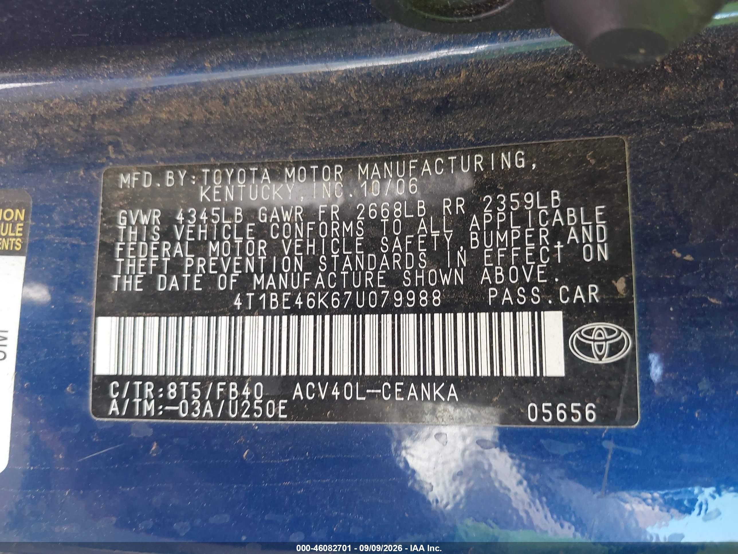 2007 Toyota Camry Le Blue vin: 4T1BE46K67U079988