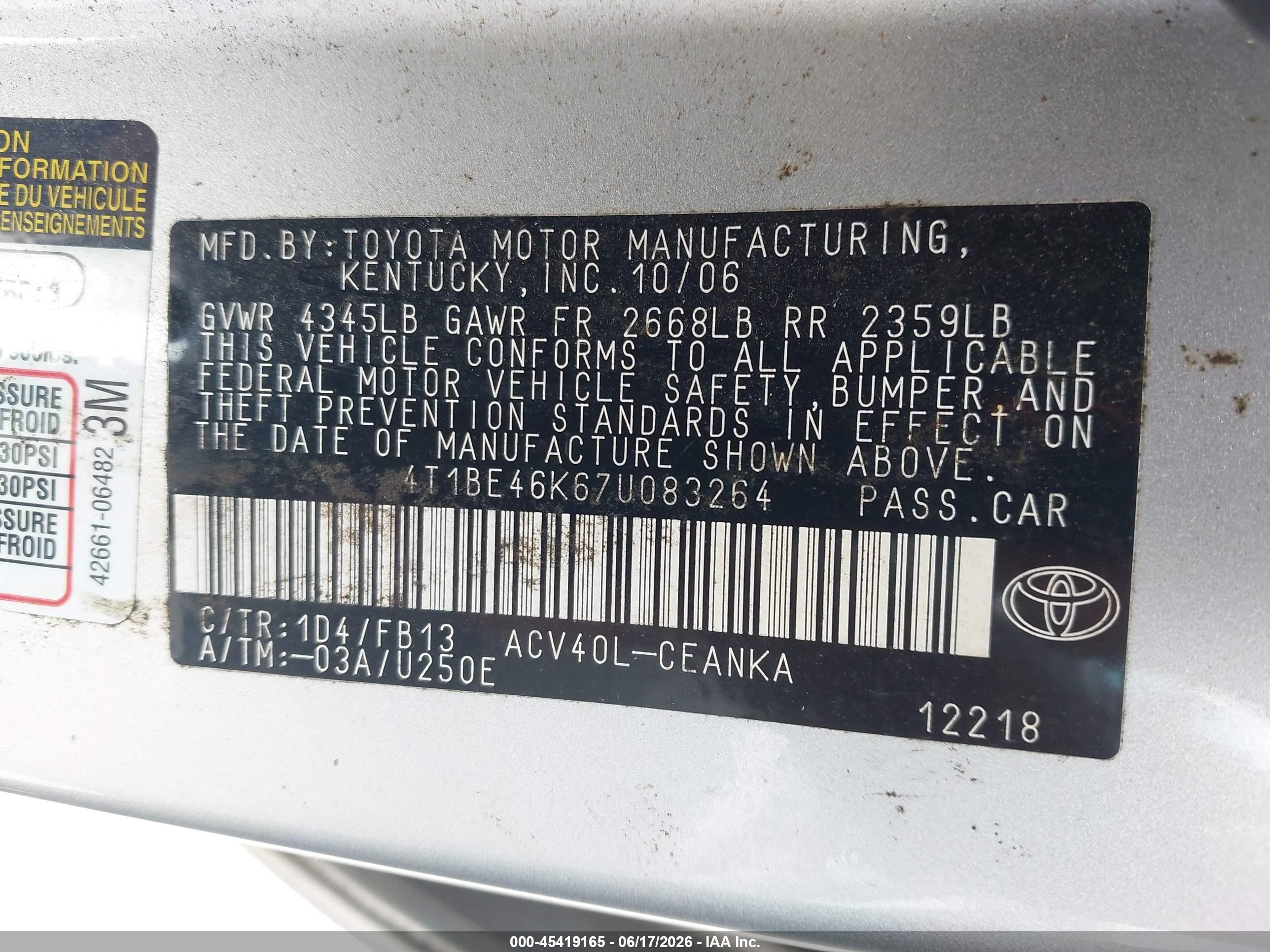 2007 Toyota Camry Le Серебряный vin: 4T1BE46K67U083264