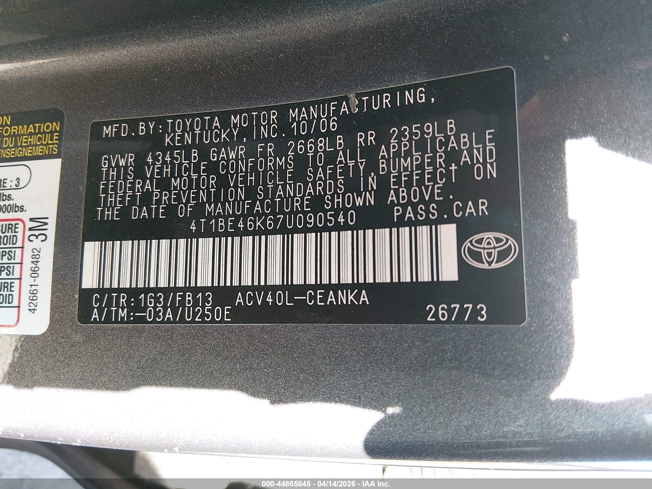 2007 Toyota Camry Le Gray vin: 4T1BE46K67U090540