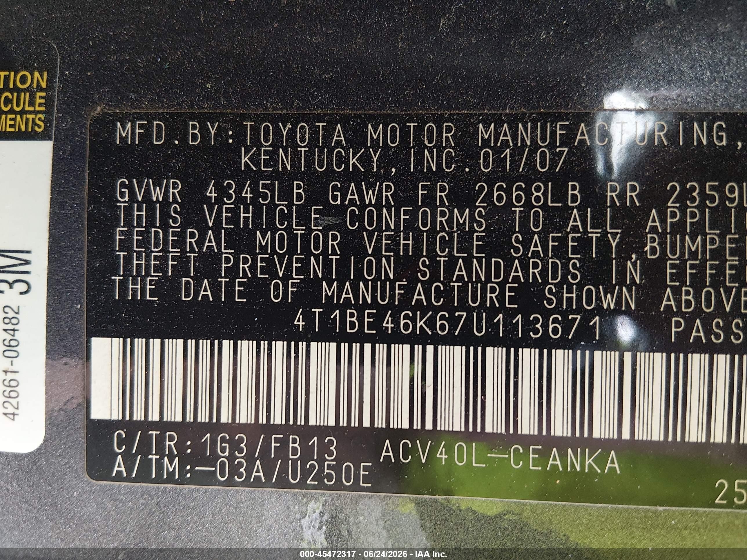 2007 Toyota Camry Le Gray vin: 4T1BE46K67U113671