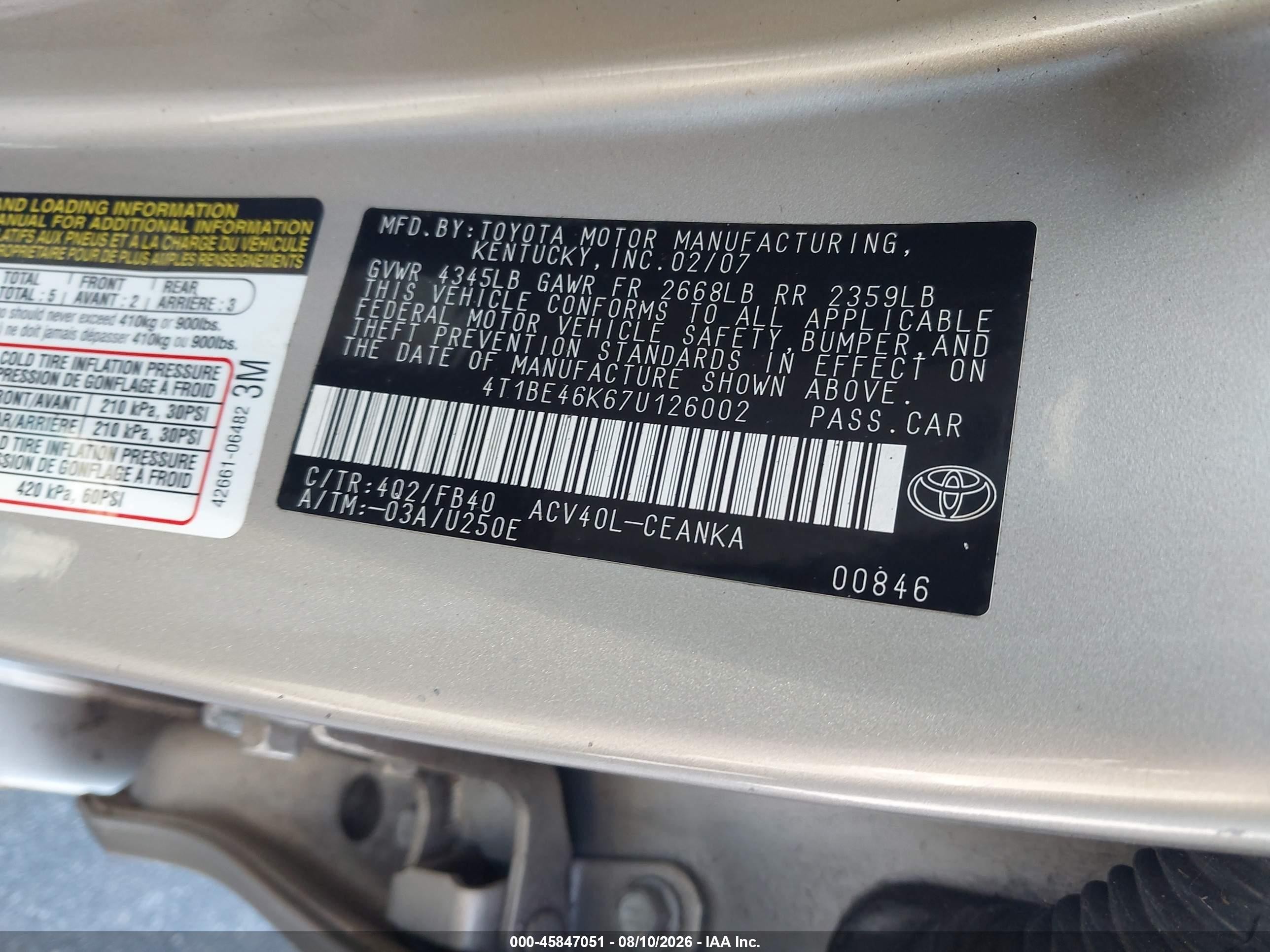 2007 Toyota Camry Ce Gold vin: 4T1BE46K67U126002