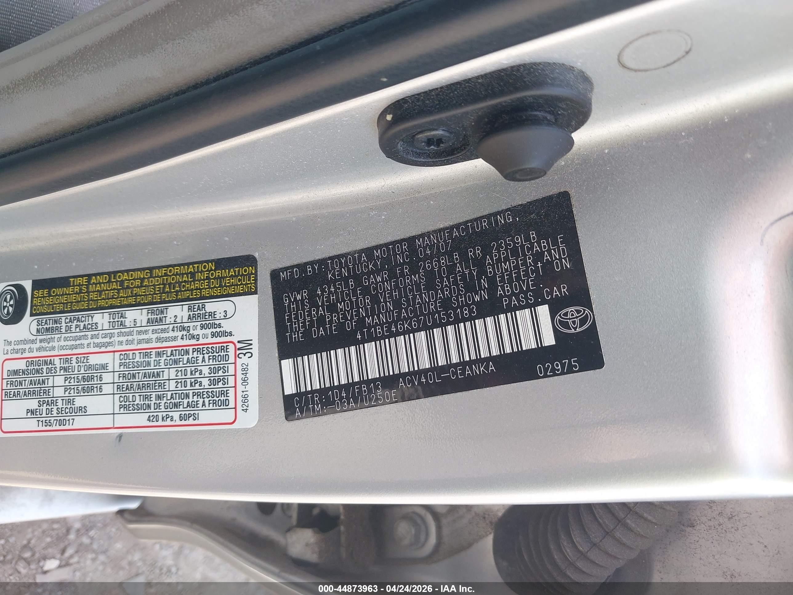 2007 Toyota Camry Le Серый vin: 4T1BE46K67U153183