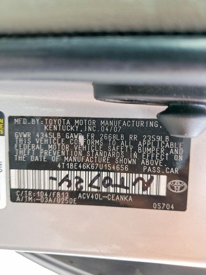 2007 Toyota Camry Le Silver vin: 4T1BE46K67U154656