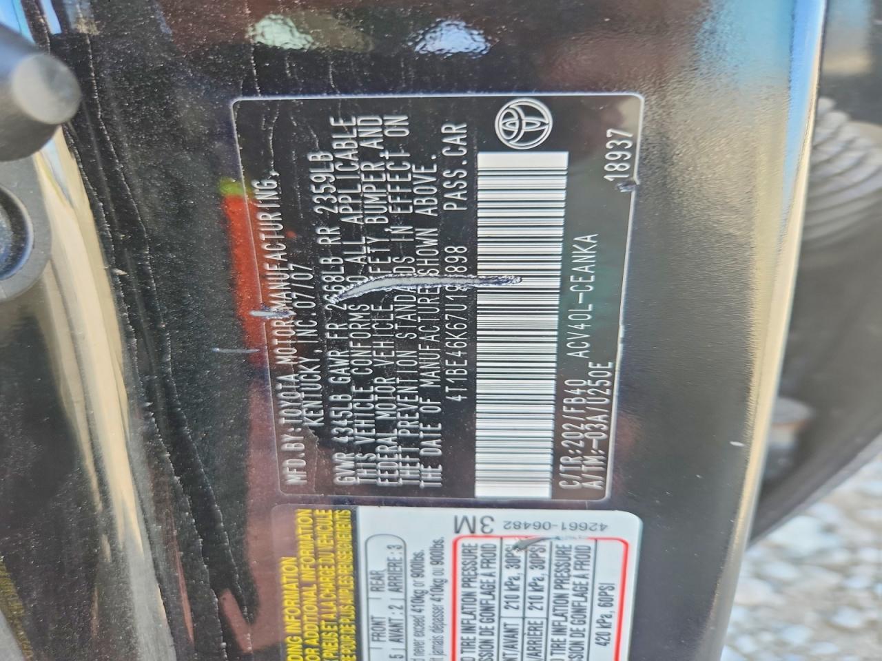 2007 Toyota Camry Le Black vin: 4T1BE46K67U191898