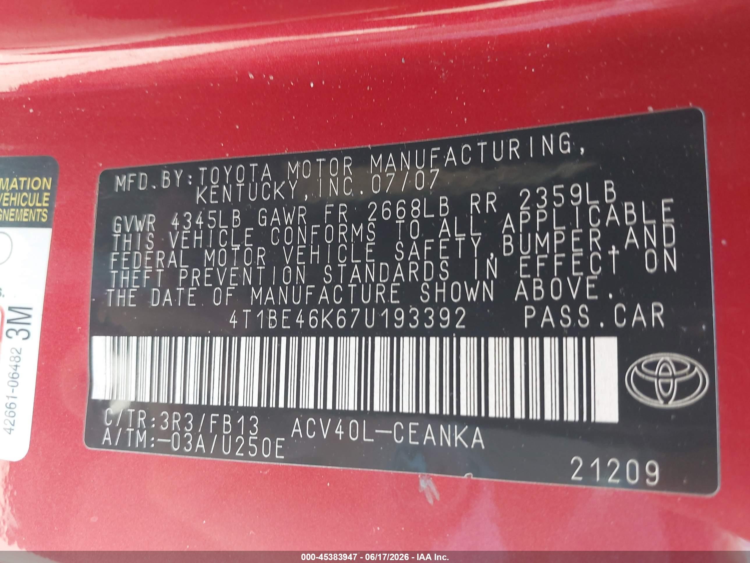 2007 Toyota Camry Le Red vin: 4T1BE46K67U193392
