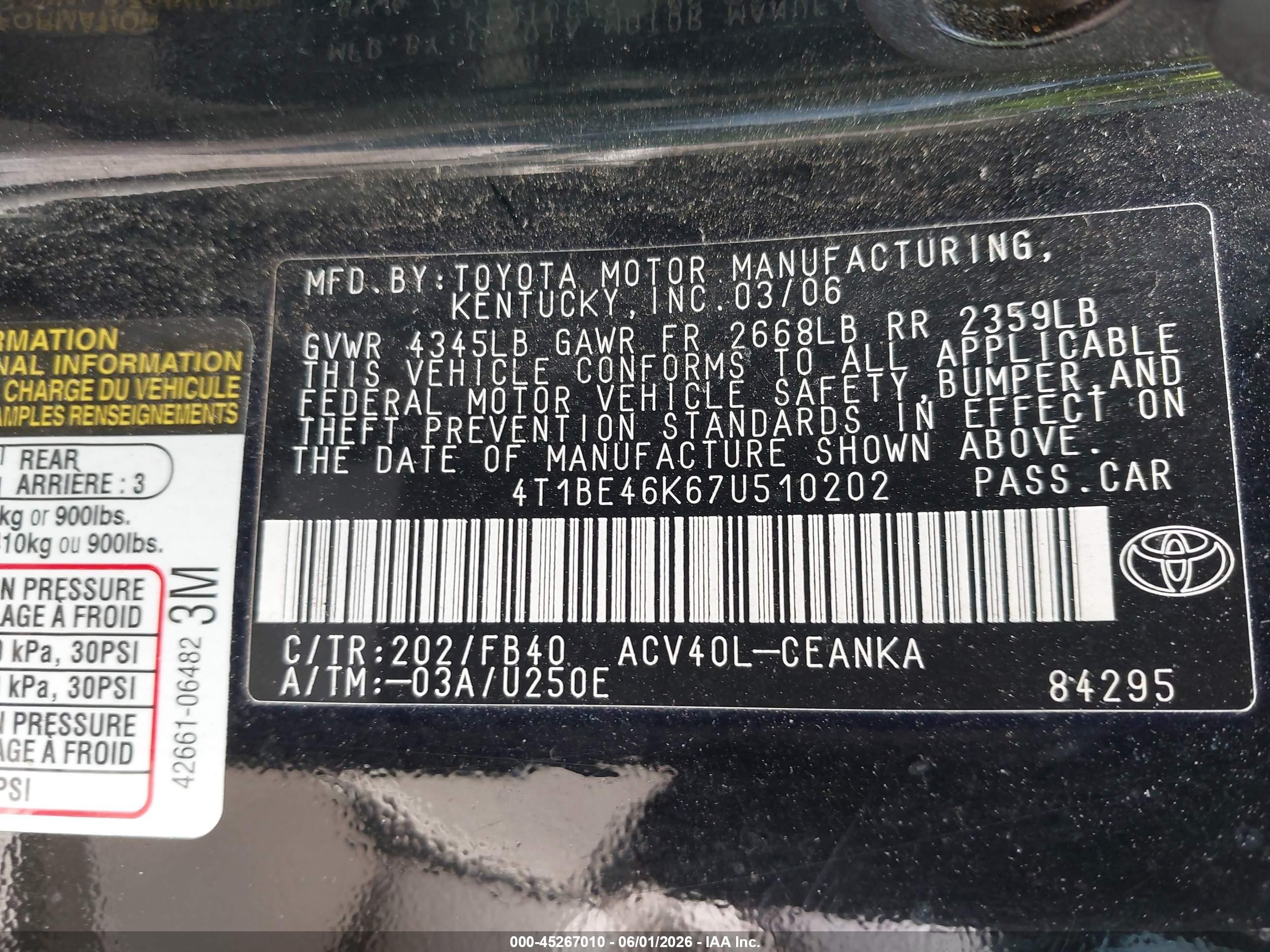 2007 Toyota Camry Le Черный vin: 4T1BE46K67U510202