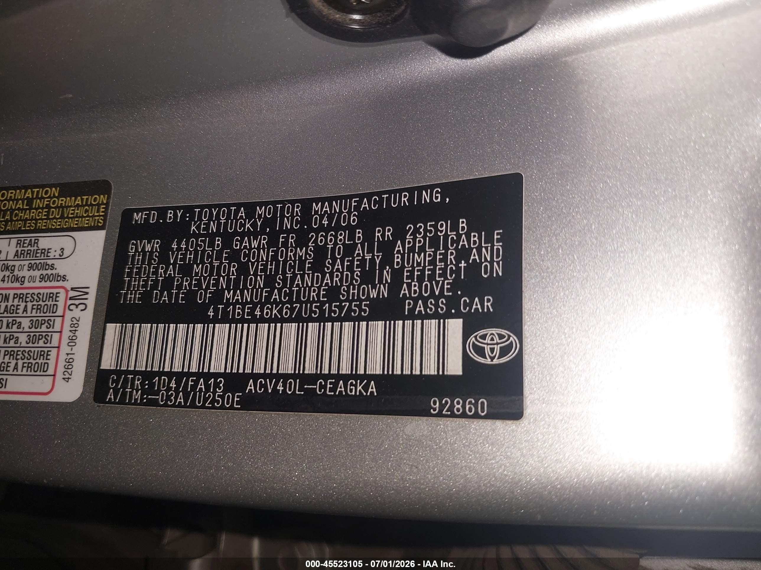 2007 Toyota Camry Xle Gray vin: 4T1BE46K67U515755