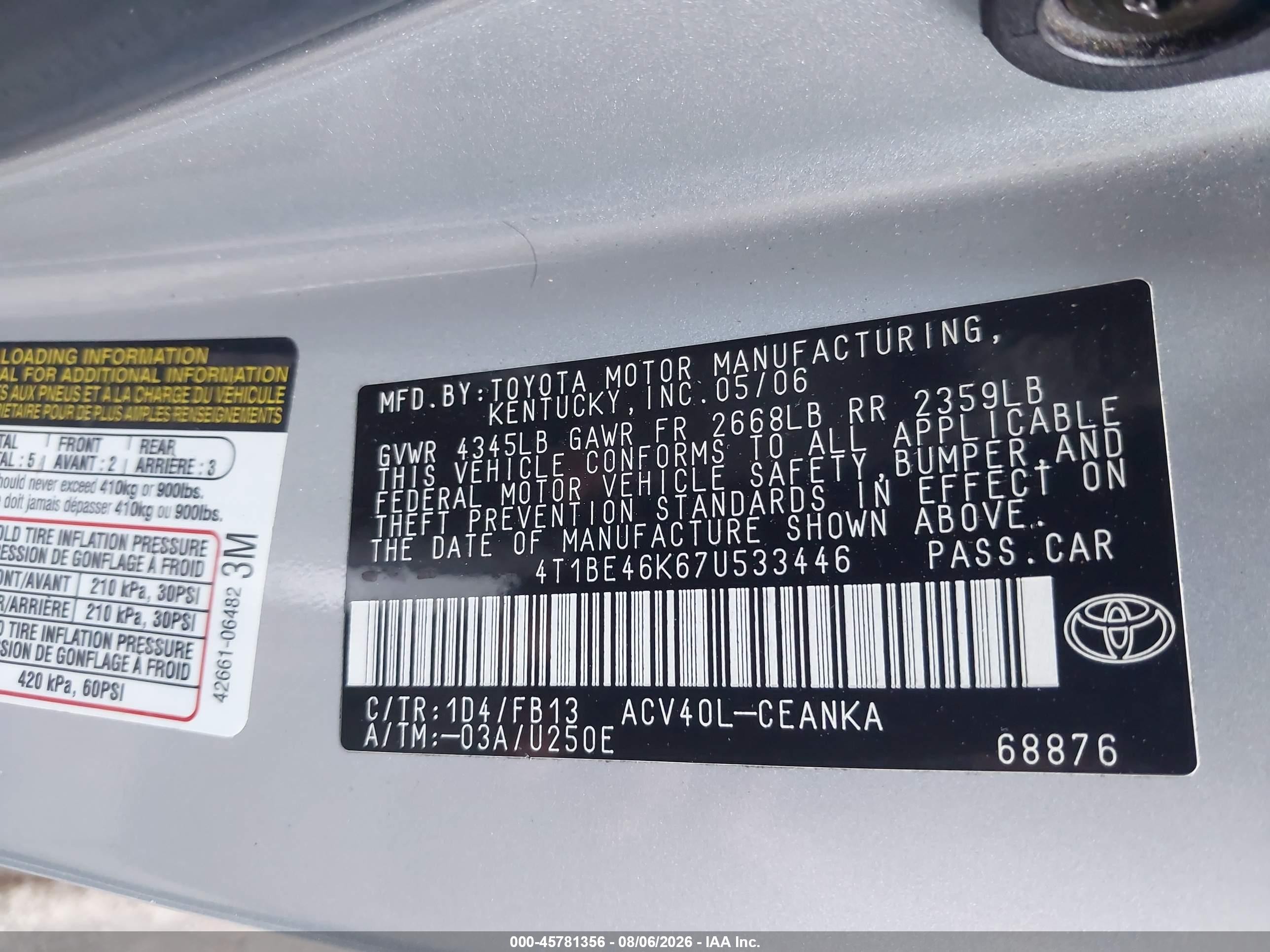 2007 Toyota Camry Le Серый vin: 4T1BE46K67U533446