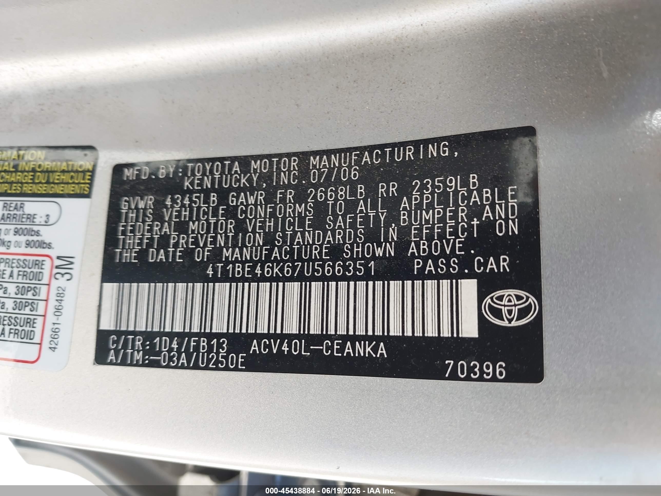 2007 Toyota Camry Le Silver vin: 4T1BE46K67U566351