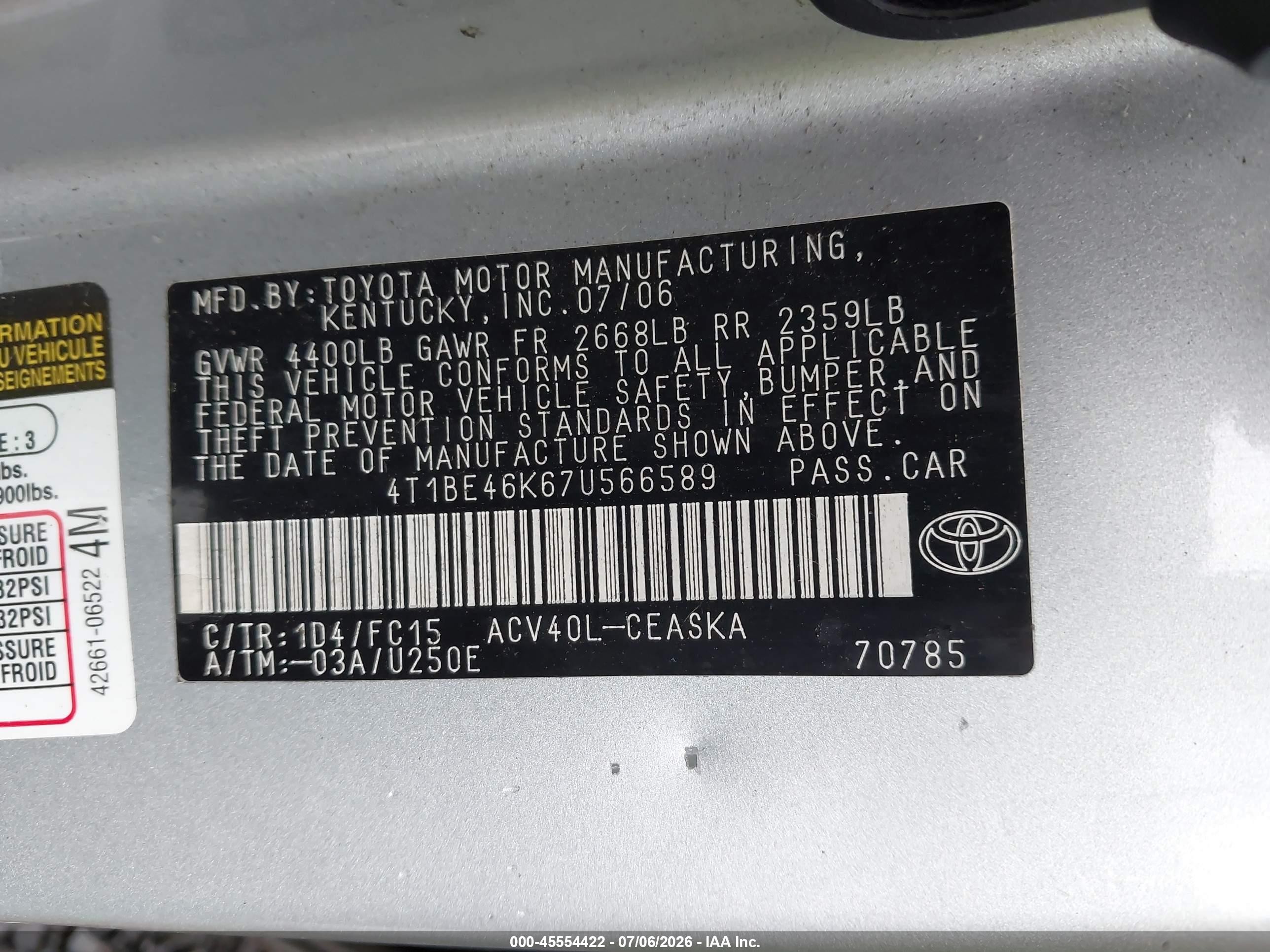 2007 Toyota Camry Se Silver vin: 4T1BE46K67U566589