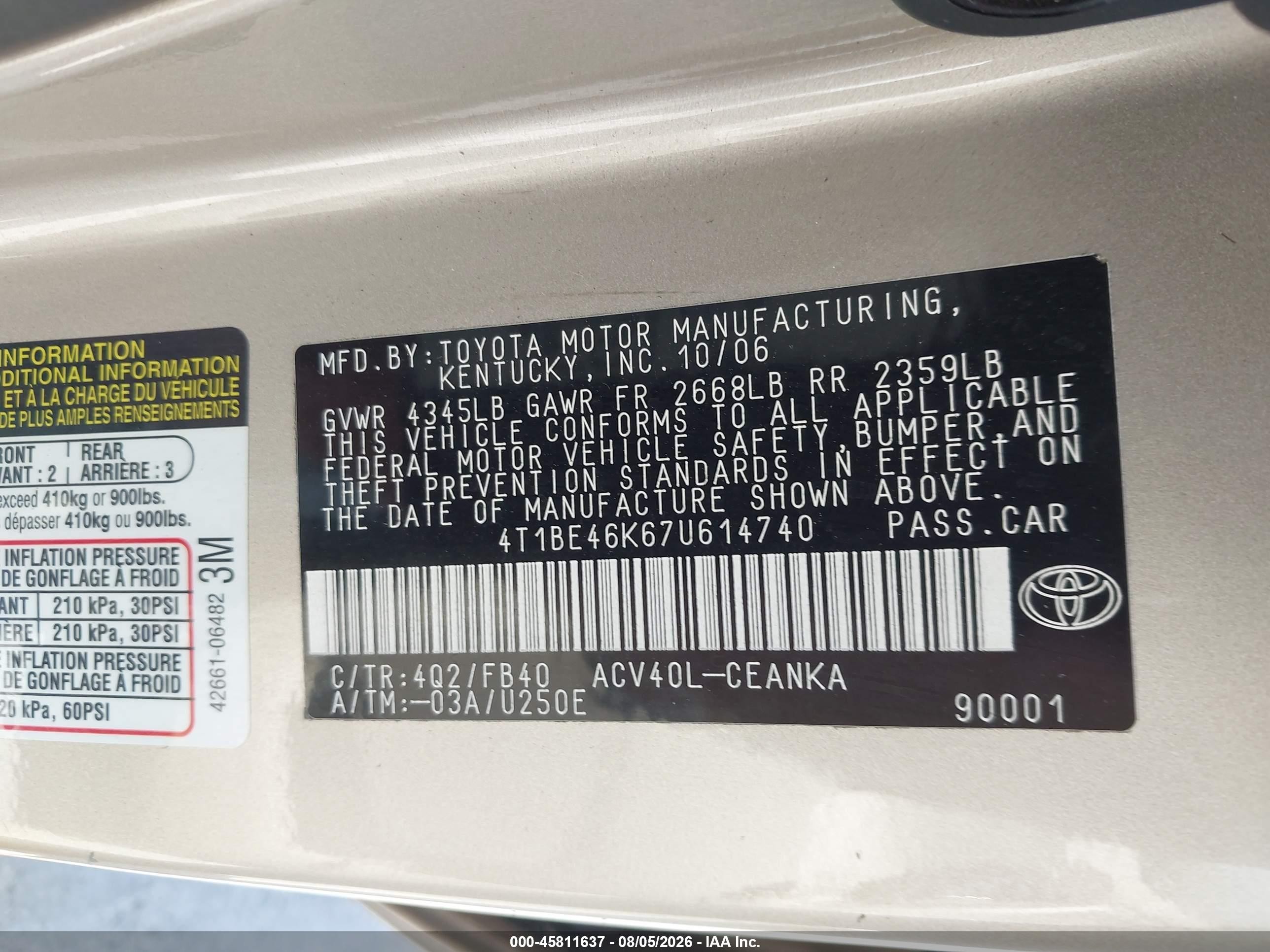 2007 Toyota Camry Le Beige vin: 4T1BE46K67U614740