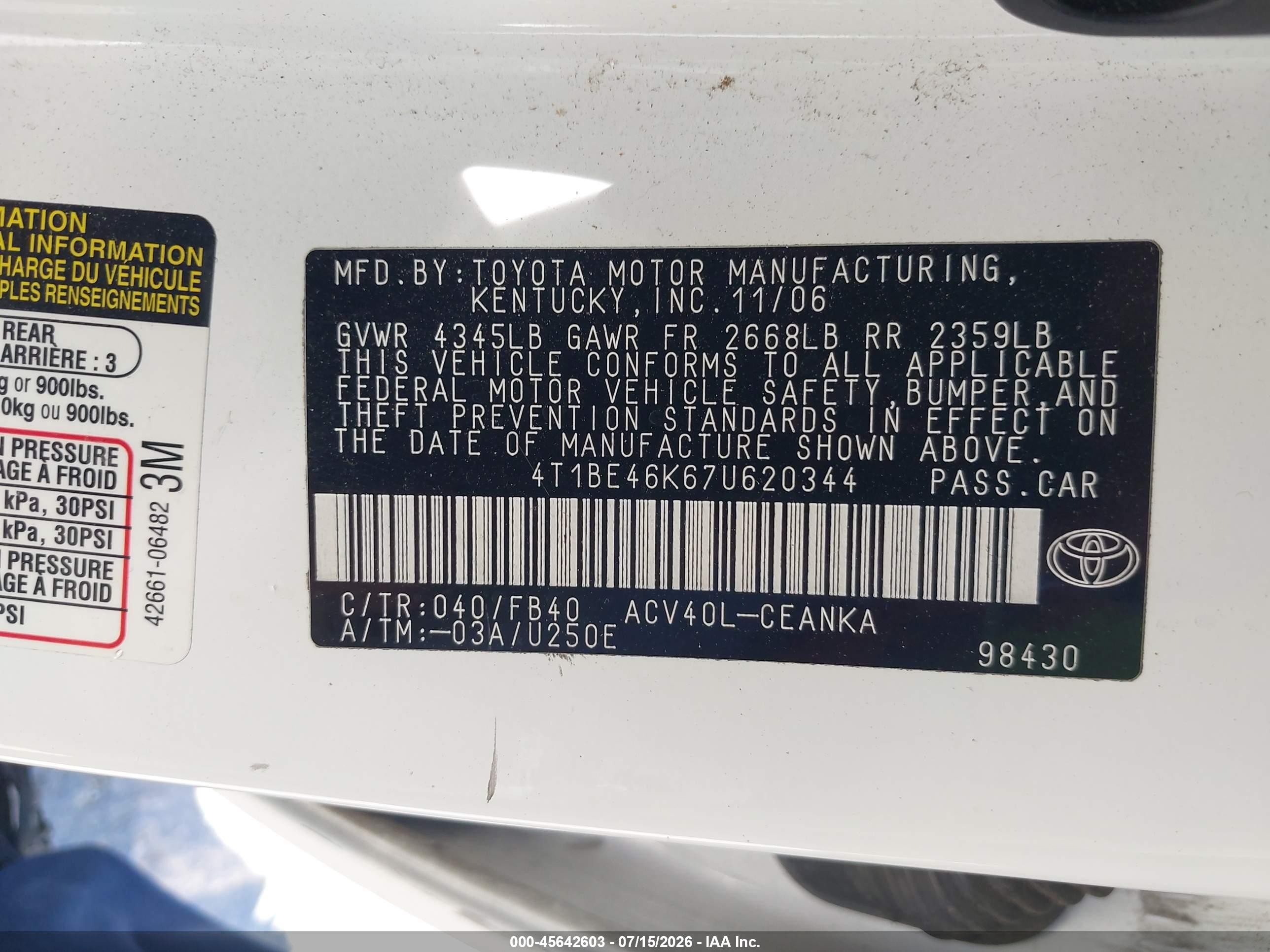 2007 Toyota Camry Le White vin: 4T1BE46K67U620344