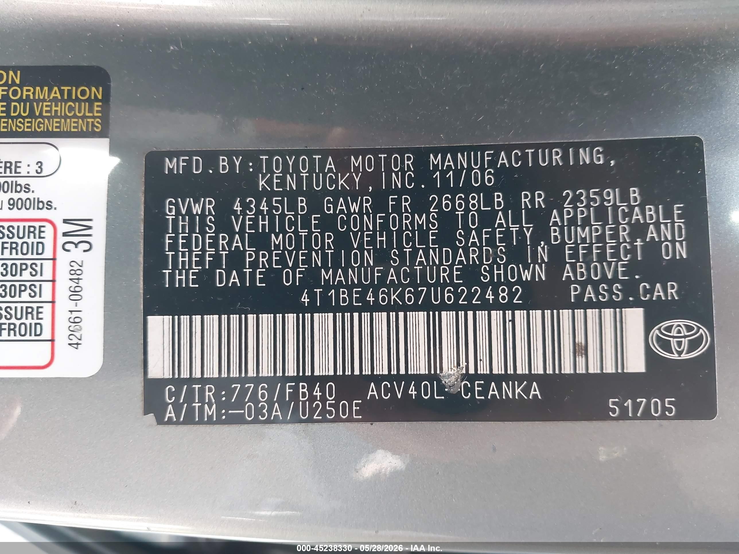 2007 Toyota Camry Le Gray vin: 4T1BE46K67U622482