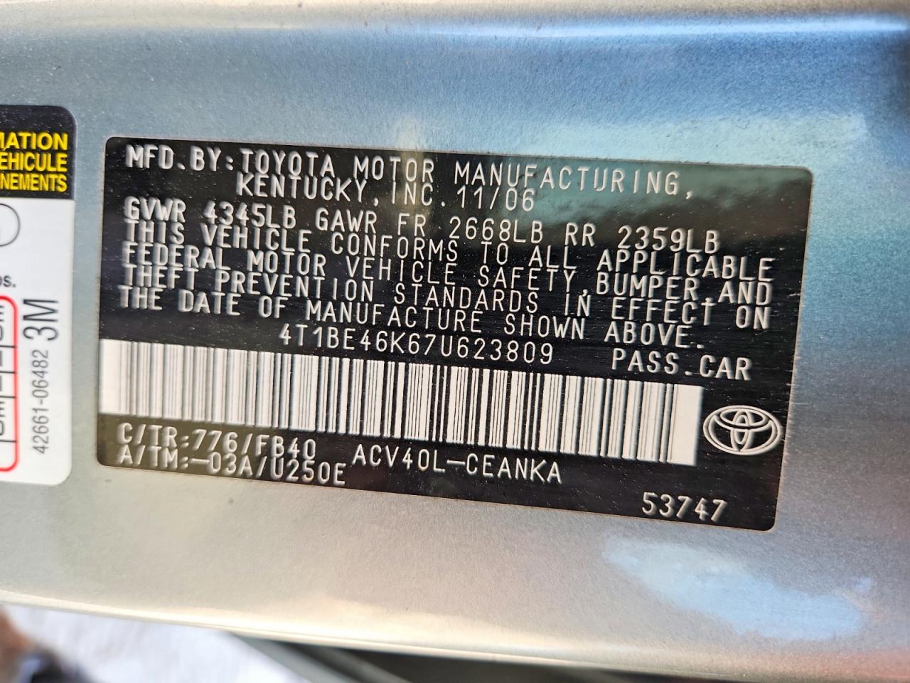 2007 Toyota Camry Le Turquoise vin: 4T1BE46K67U623809