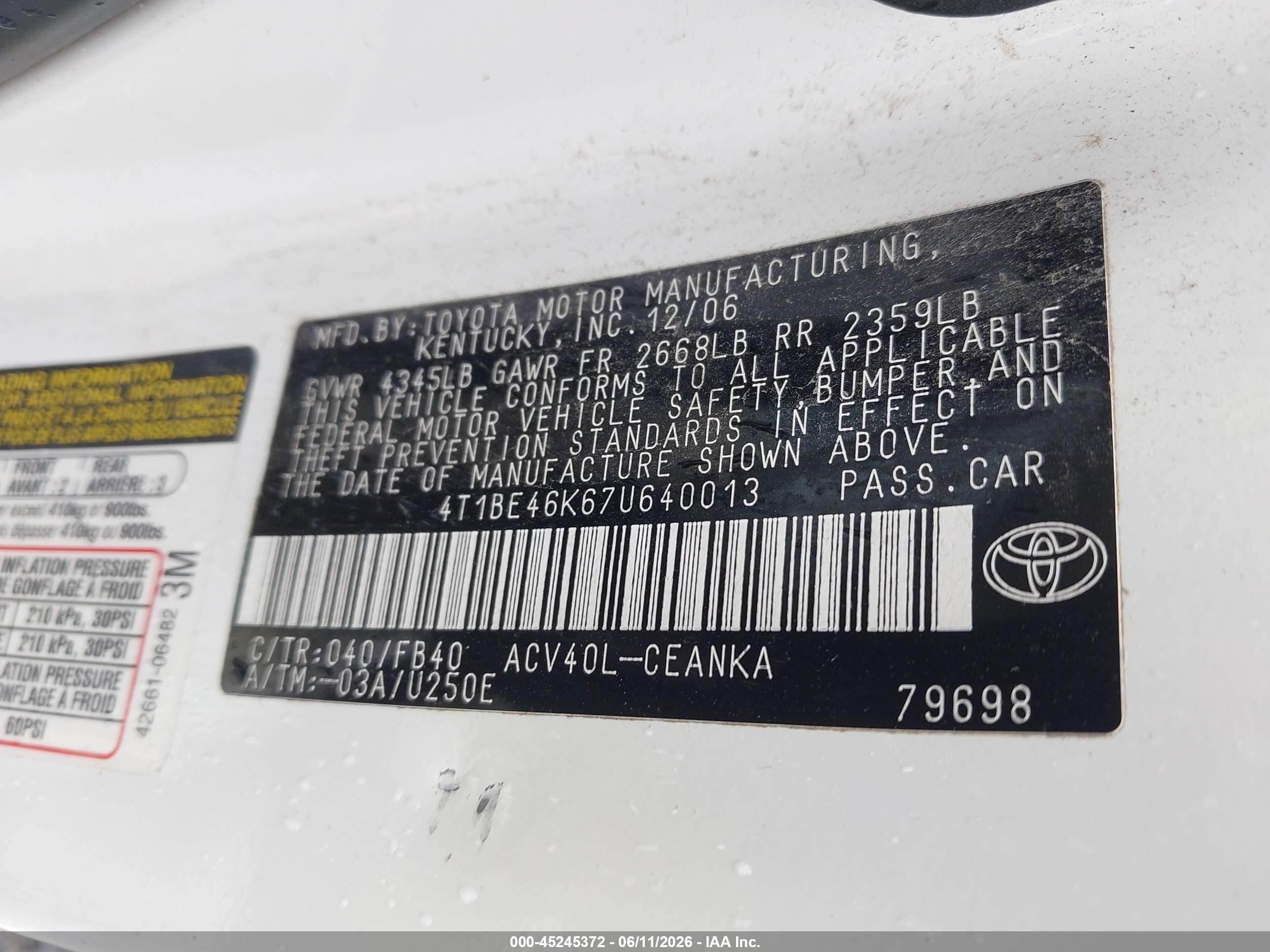 2007 Toyota Camry Le White vin: 4T1BE46K67U640013