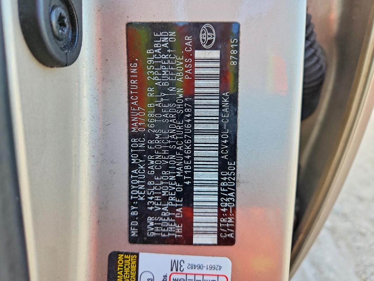 2007 Toyota Camry Ce/le/xle/se Silver vin: 4T1BE46K67U644871