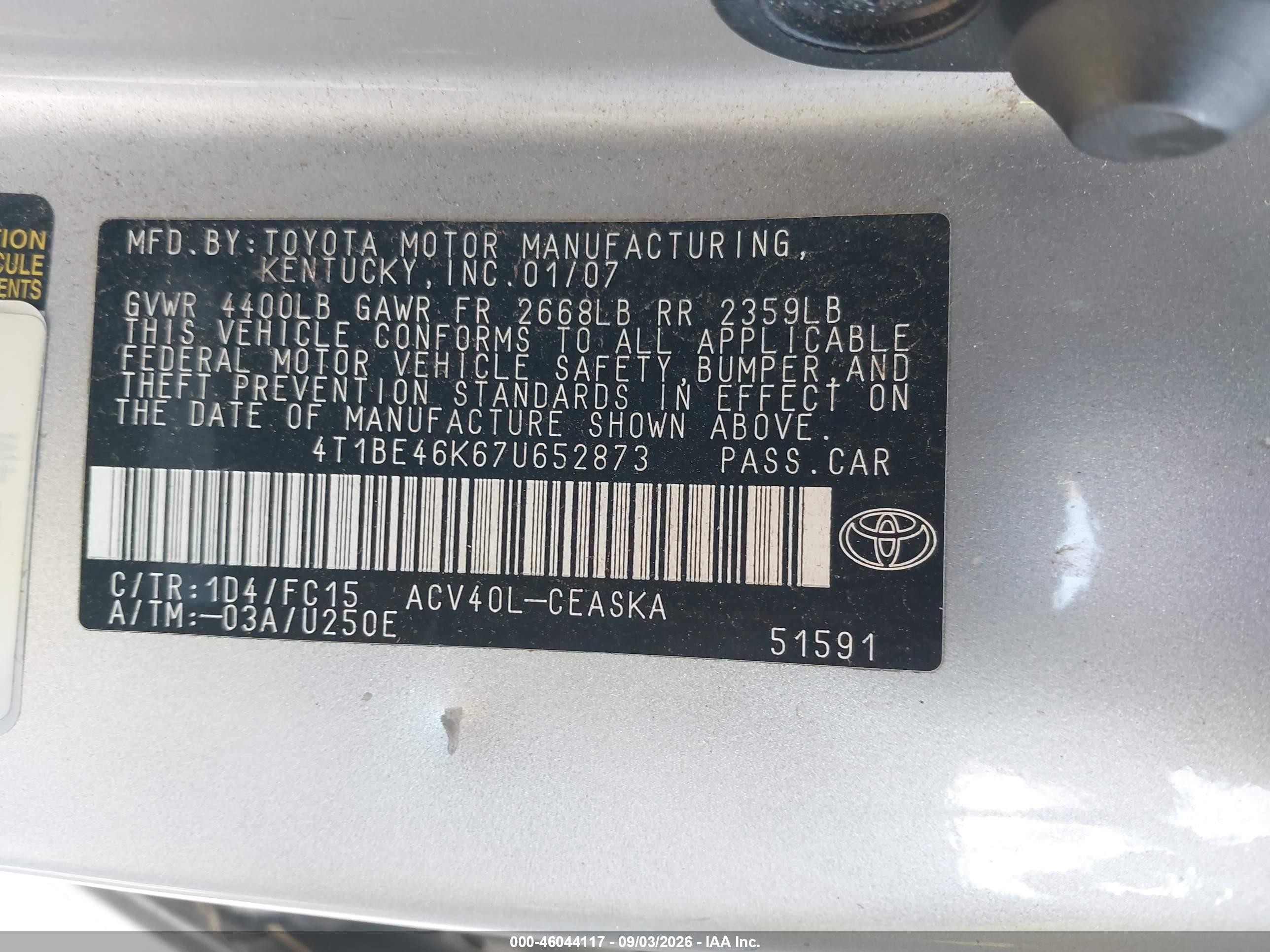 2007 Toyota Camry Se Silver vin: 4T1BE46K67U652873