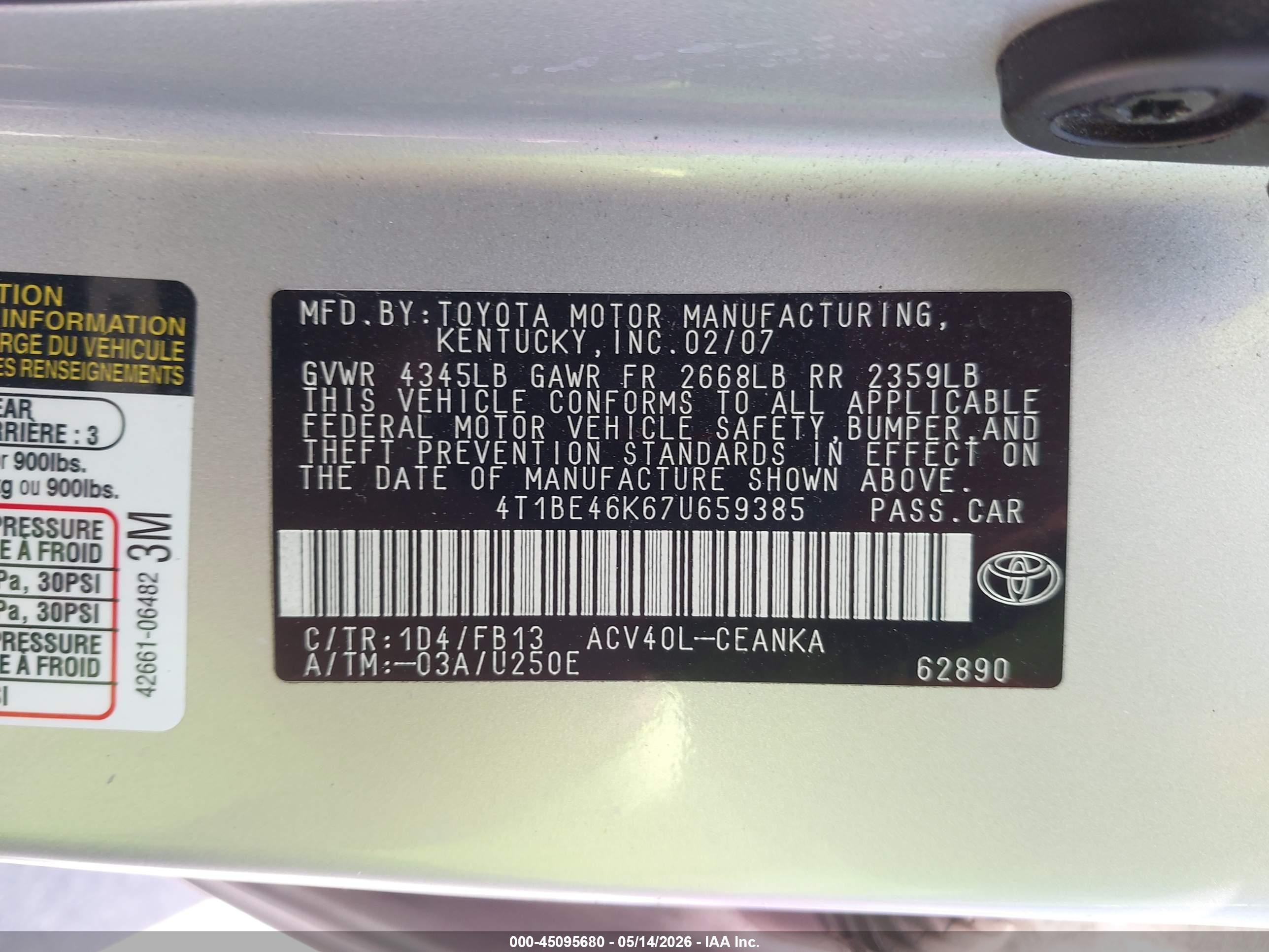 2007 Toyota Camry Ce Серый vin: 4T1BE46K67U659385