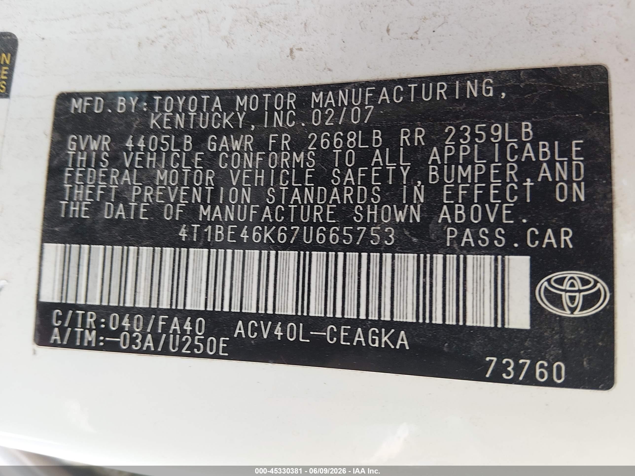 2007 Toyota Camry Xle White vin: 4T1BE46K67U665753