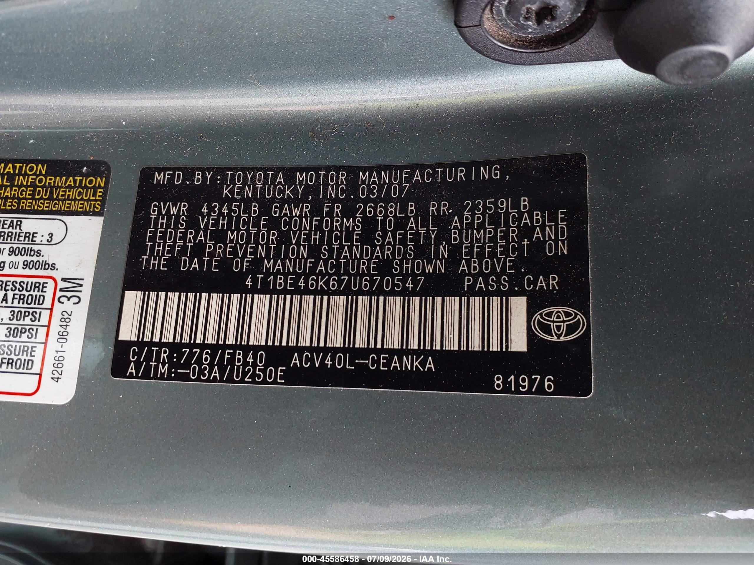 2007 Toyota Camry Le Green vin: 4T1BE46K67U670547
