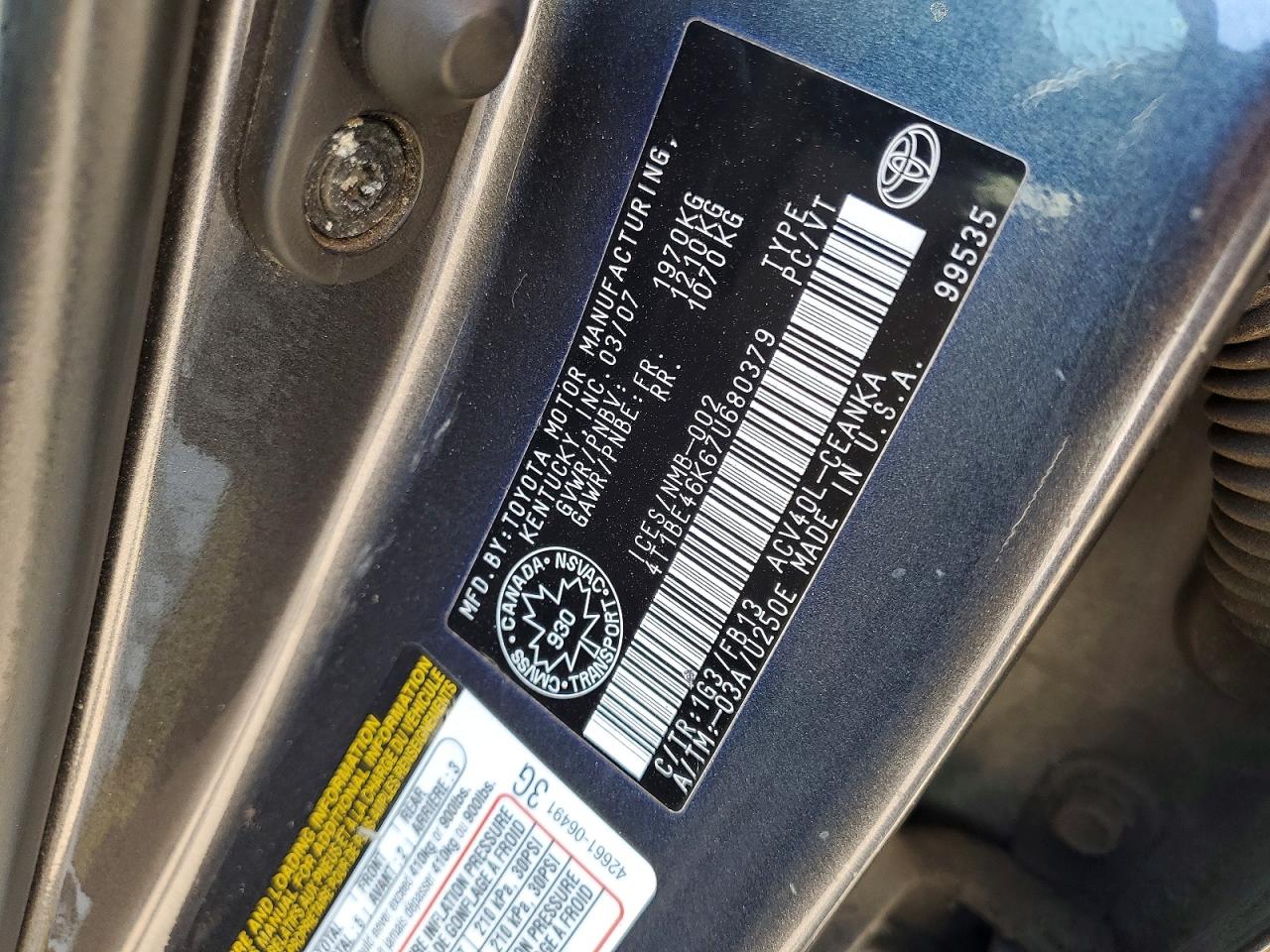 2007 Toyota Camry Ce Угольный vin: 4T1BE46K67U680379