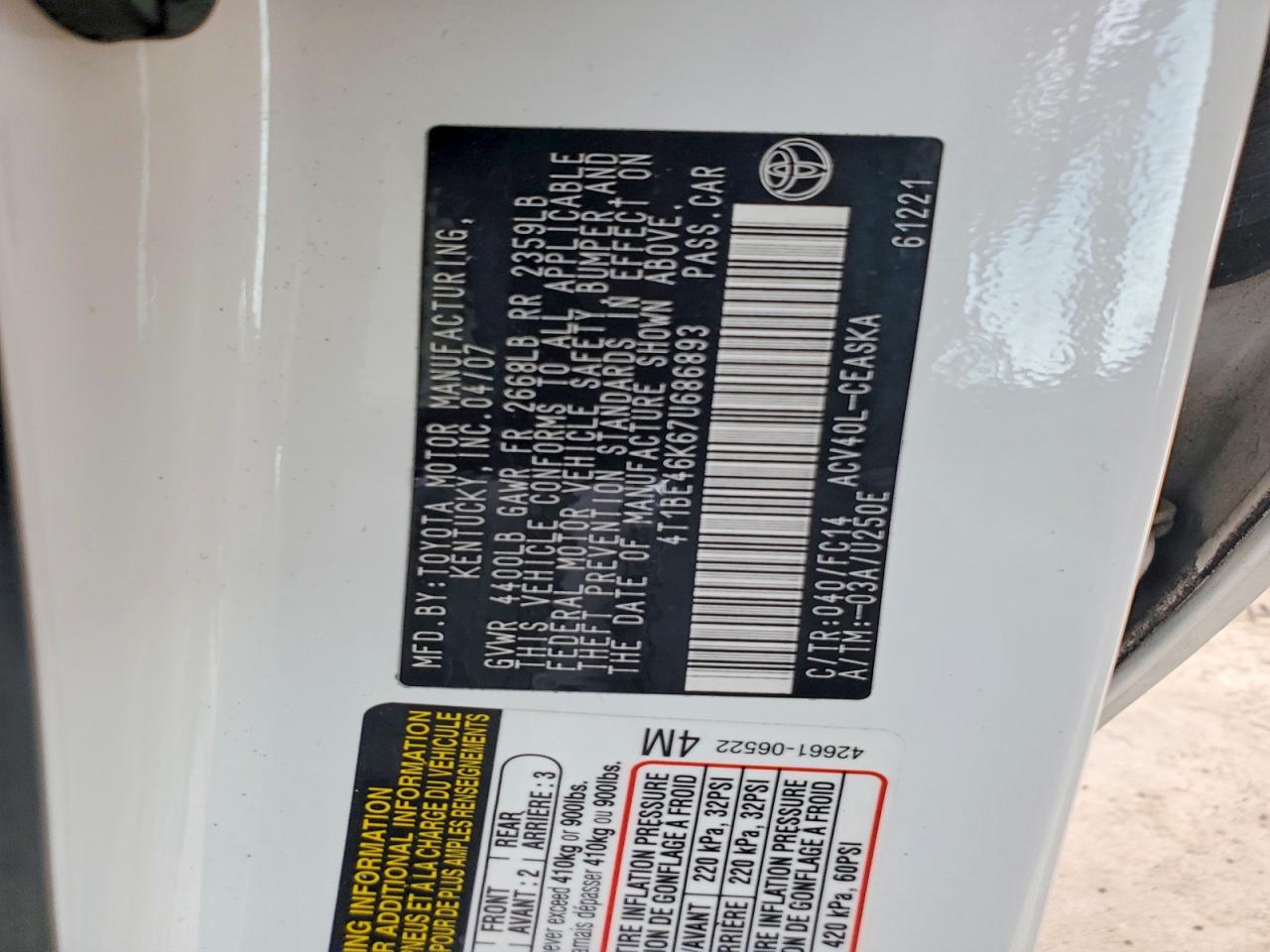 2007 Toyota Camry Se Белый vin: 4T1BE46K67U686893