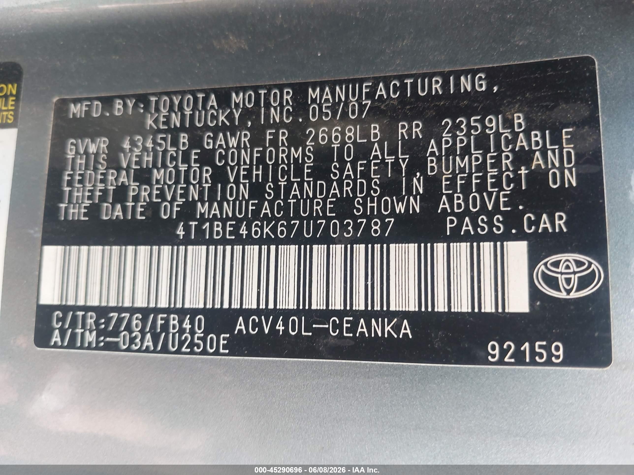 2007 Toyota Camry Le Teal vin: 4T1BE46K67U703787
