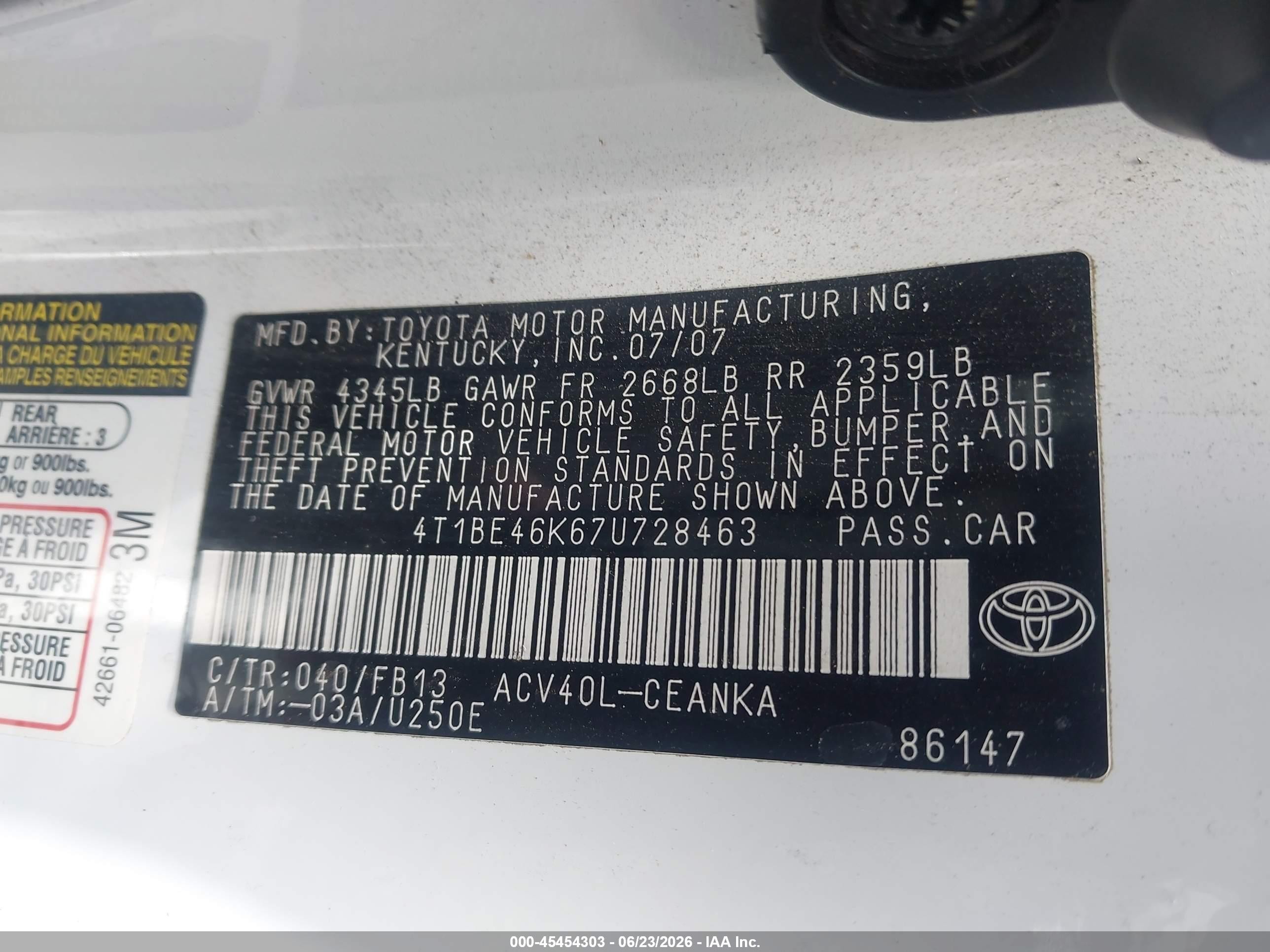 2007 Toyota Camry Le White vin: 4T1BE46K67U728463