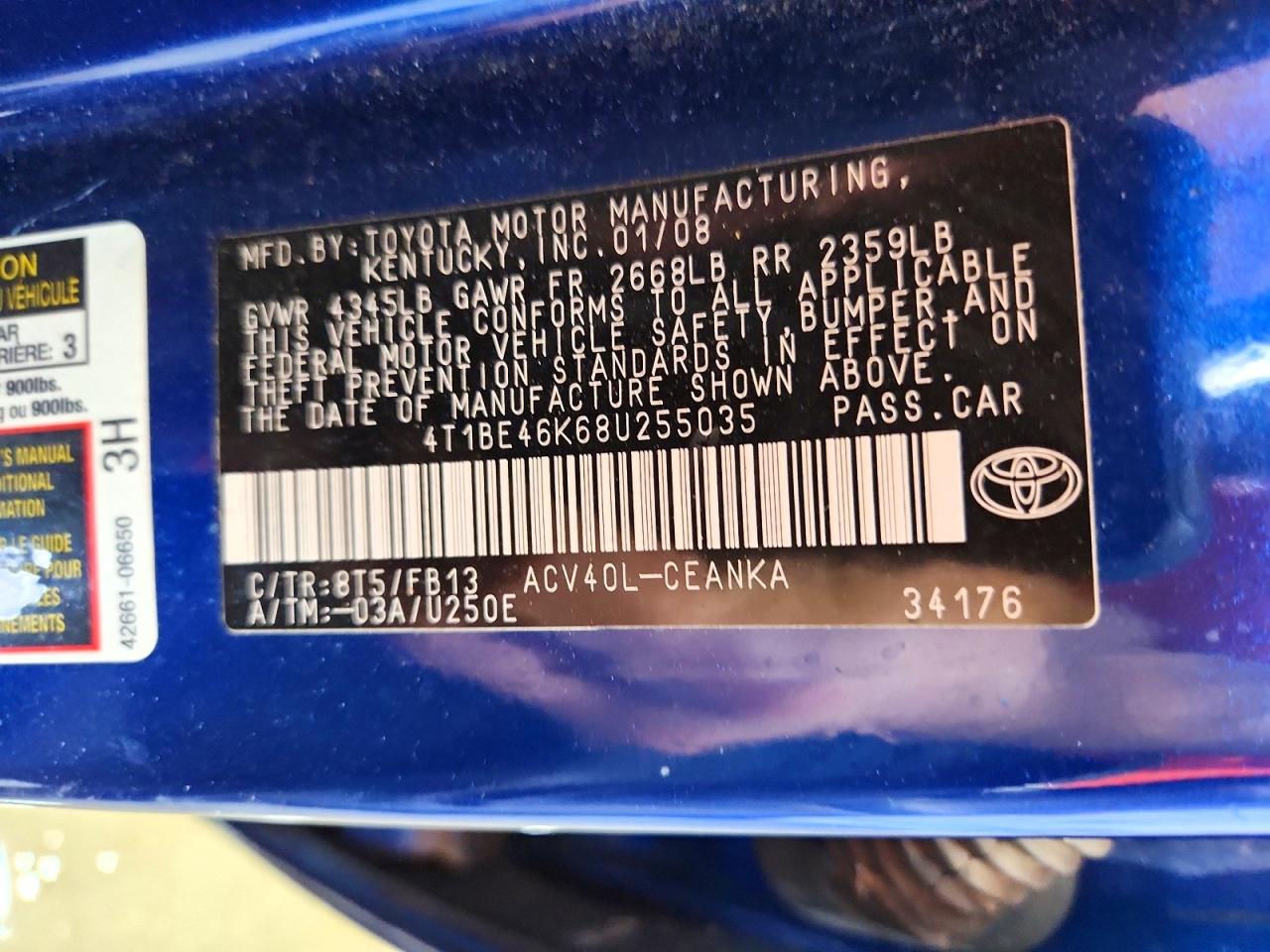 2008 Toyota Camry Le Blue vin: 4T1BE46K68U255035