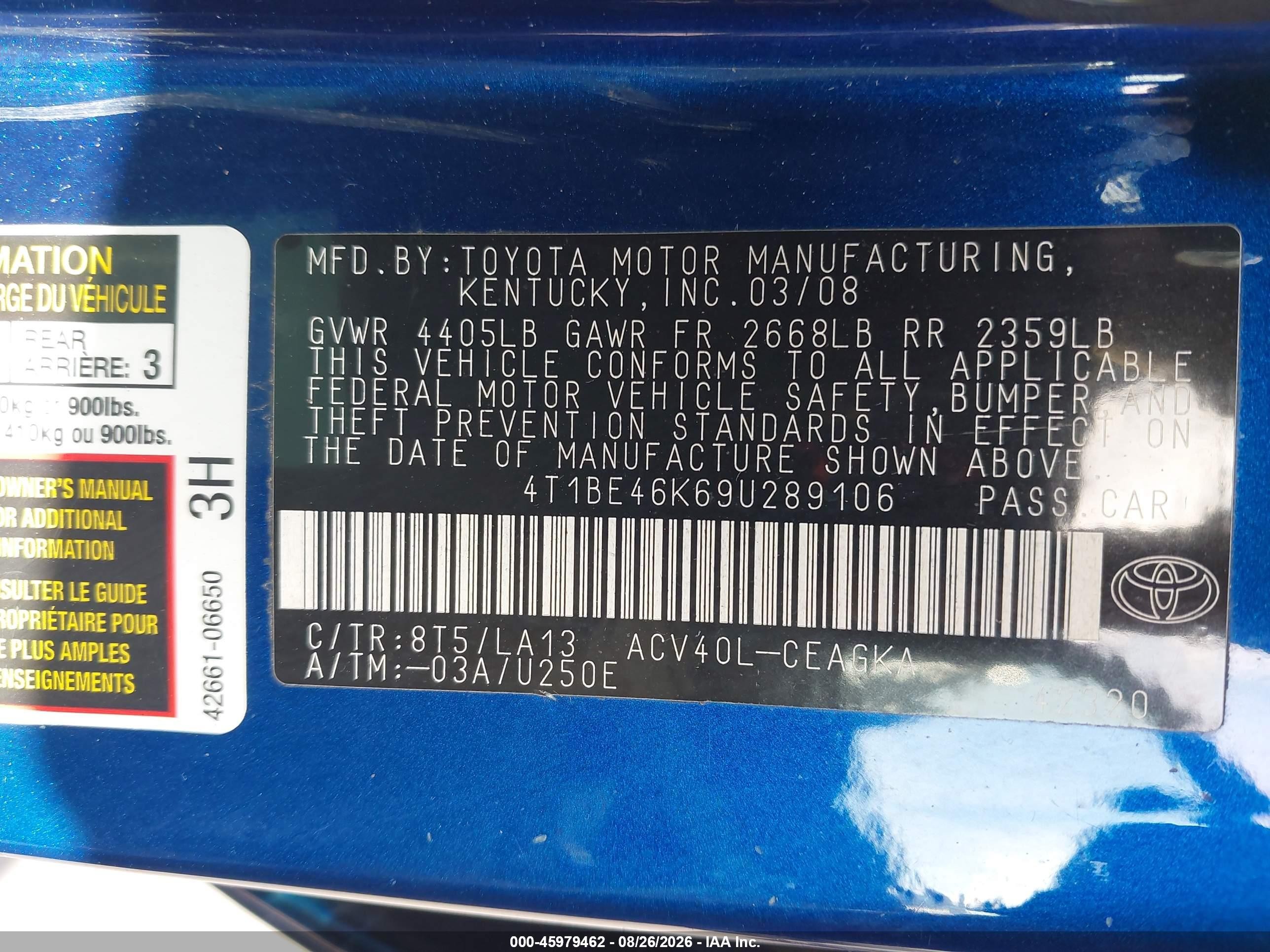 2009 Toyota Camry Xle Blue vin: 4T1BE46K69U289106