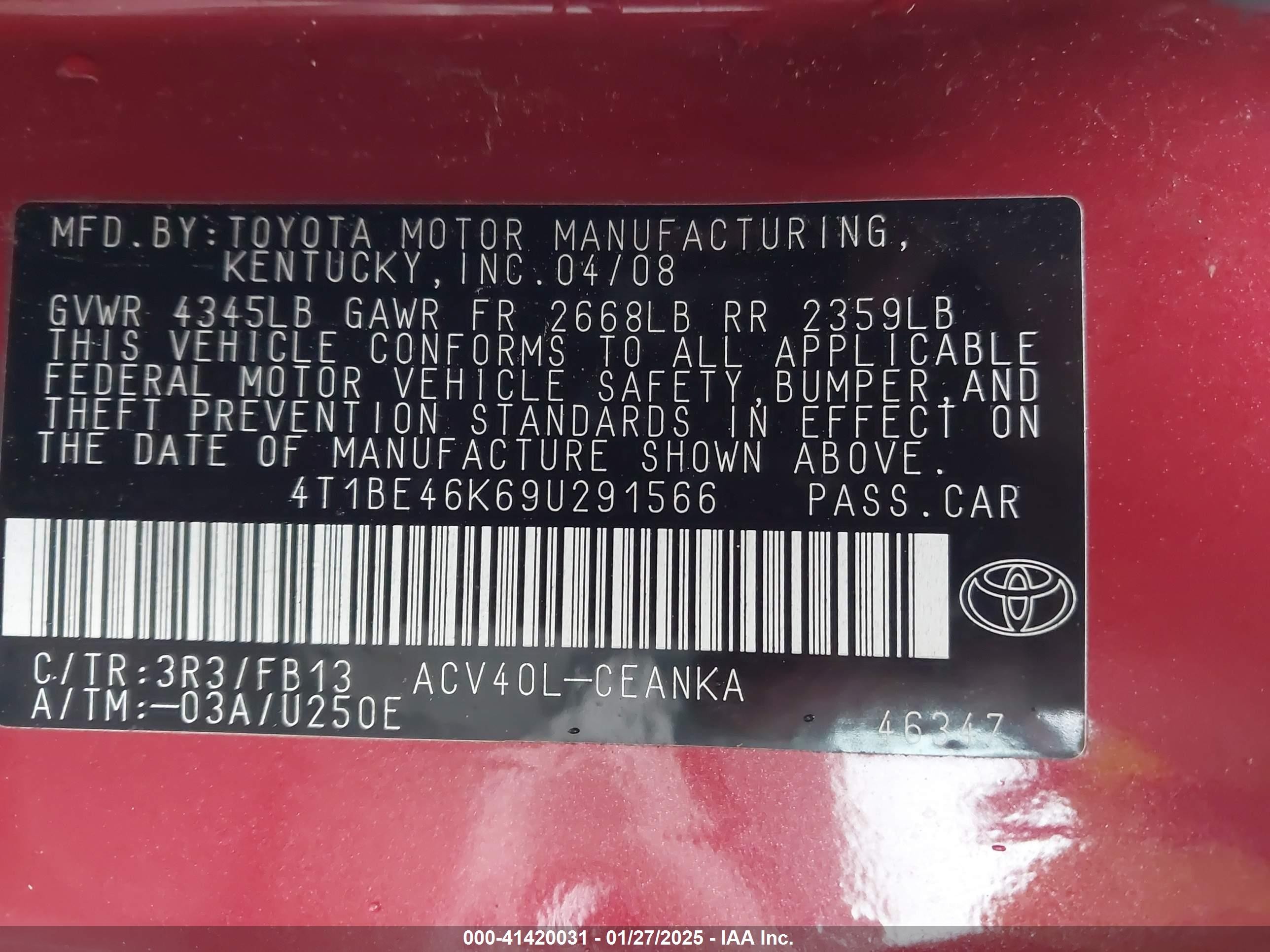 2009 Toyota Camry Le Red vin: 4T1BE46K69U291566