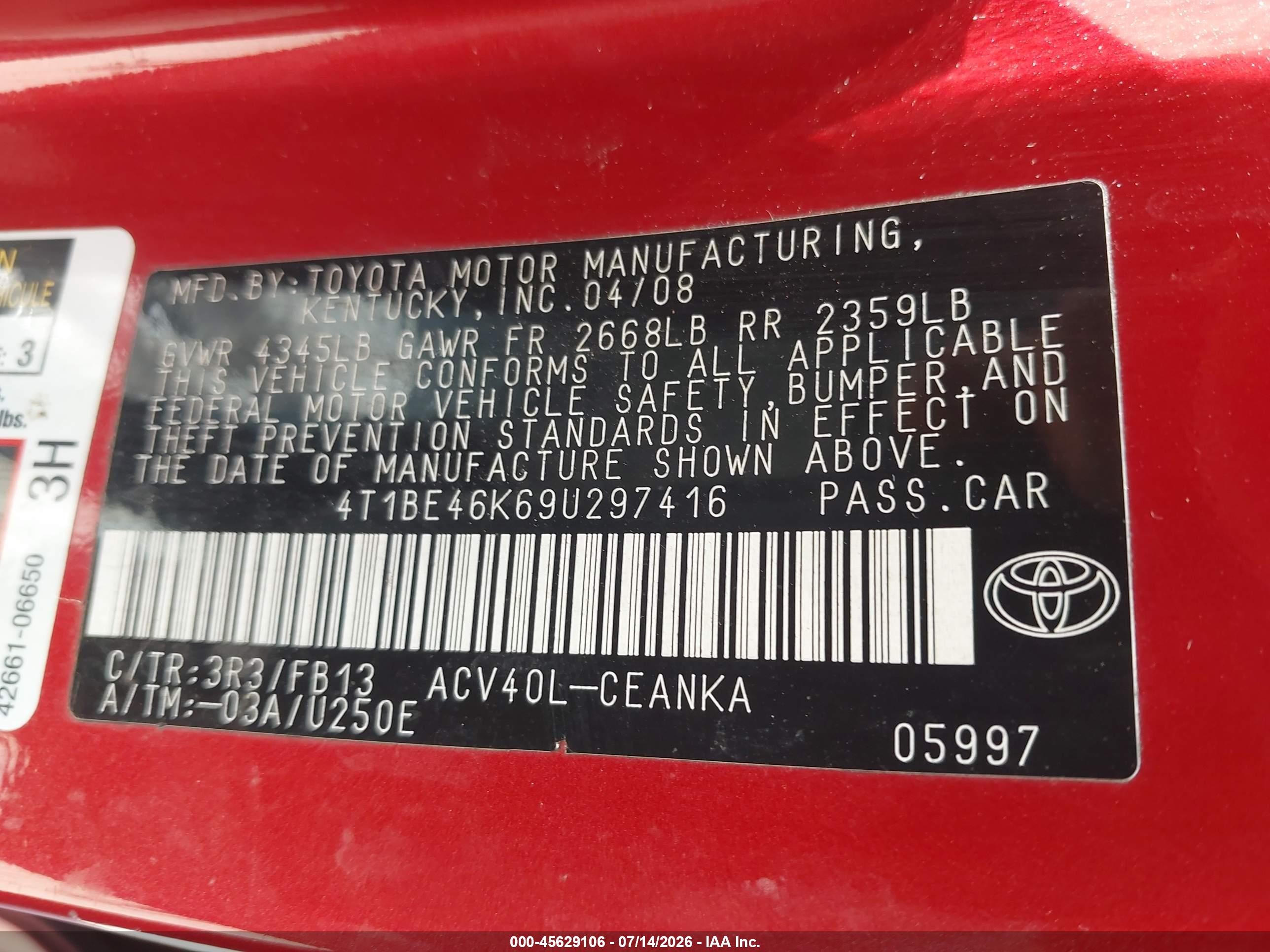 2009 Toyota Camry Le Red vin: 4T1BE46K69U297416