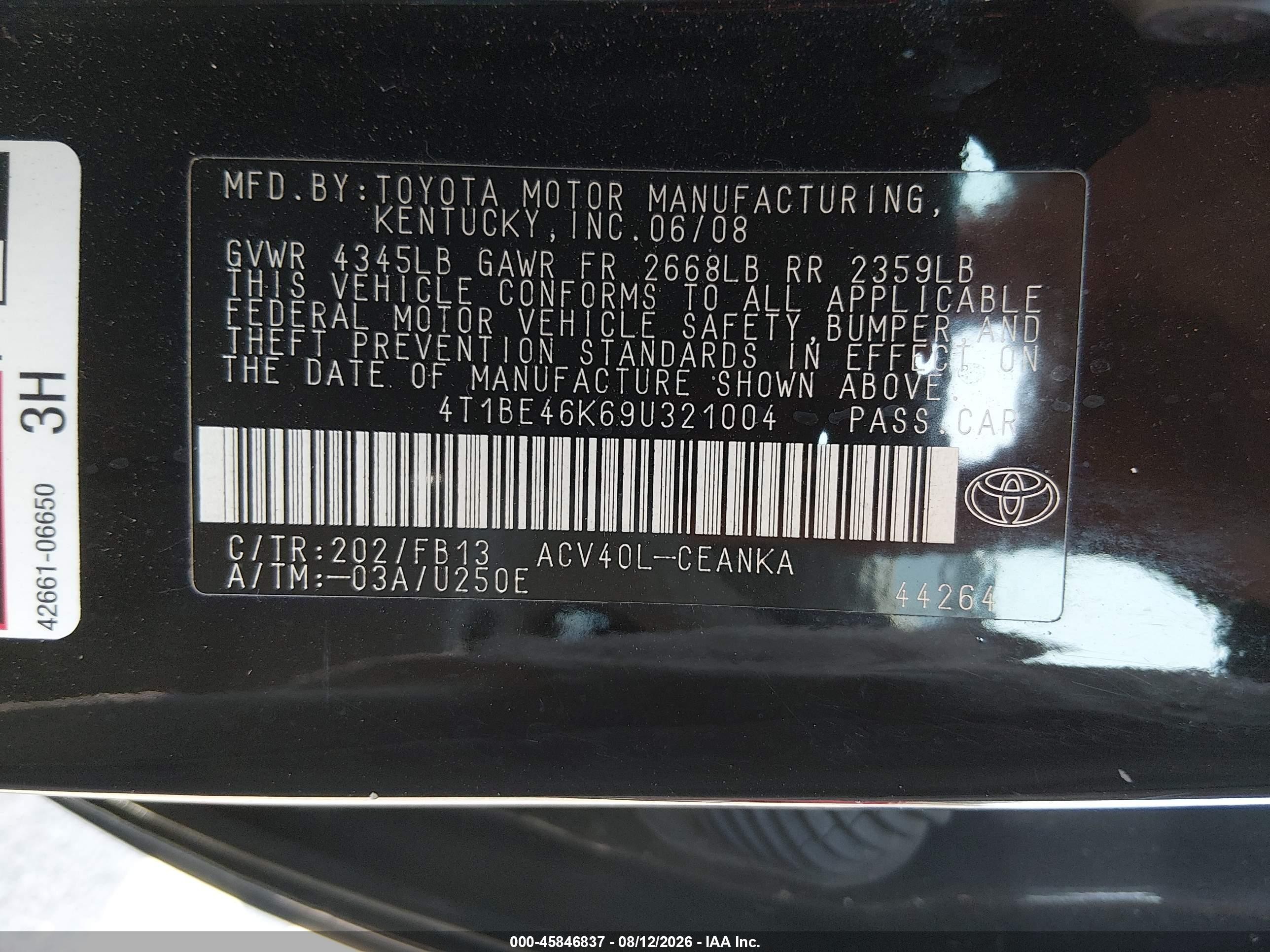 2009 Toyota Camry Le Black vin: 4T1BE46K69U321004