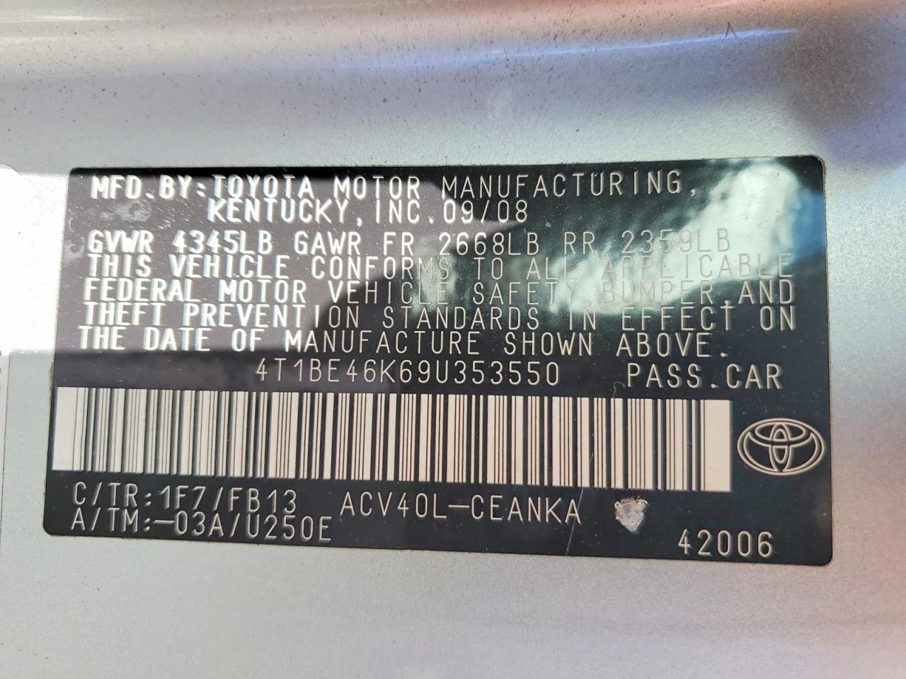 2009 Toyota Camry Le Gray vin: 4T1BE46K69U353550