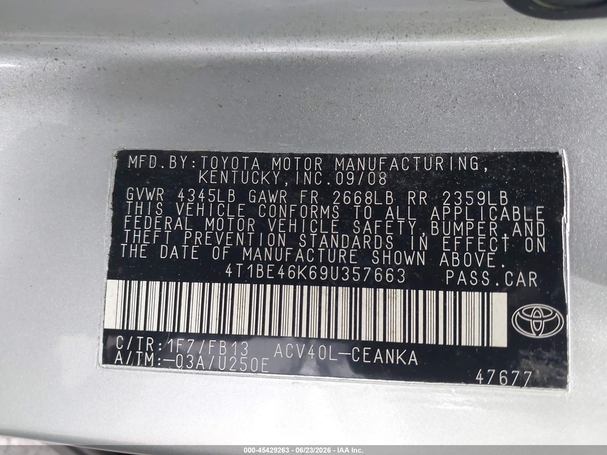 2009 Toyota Camry Le Silver vin: 4T1BE46K69U357663