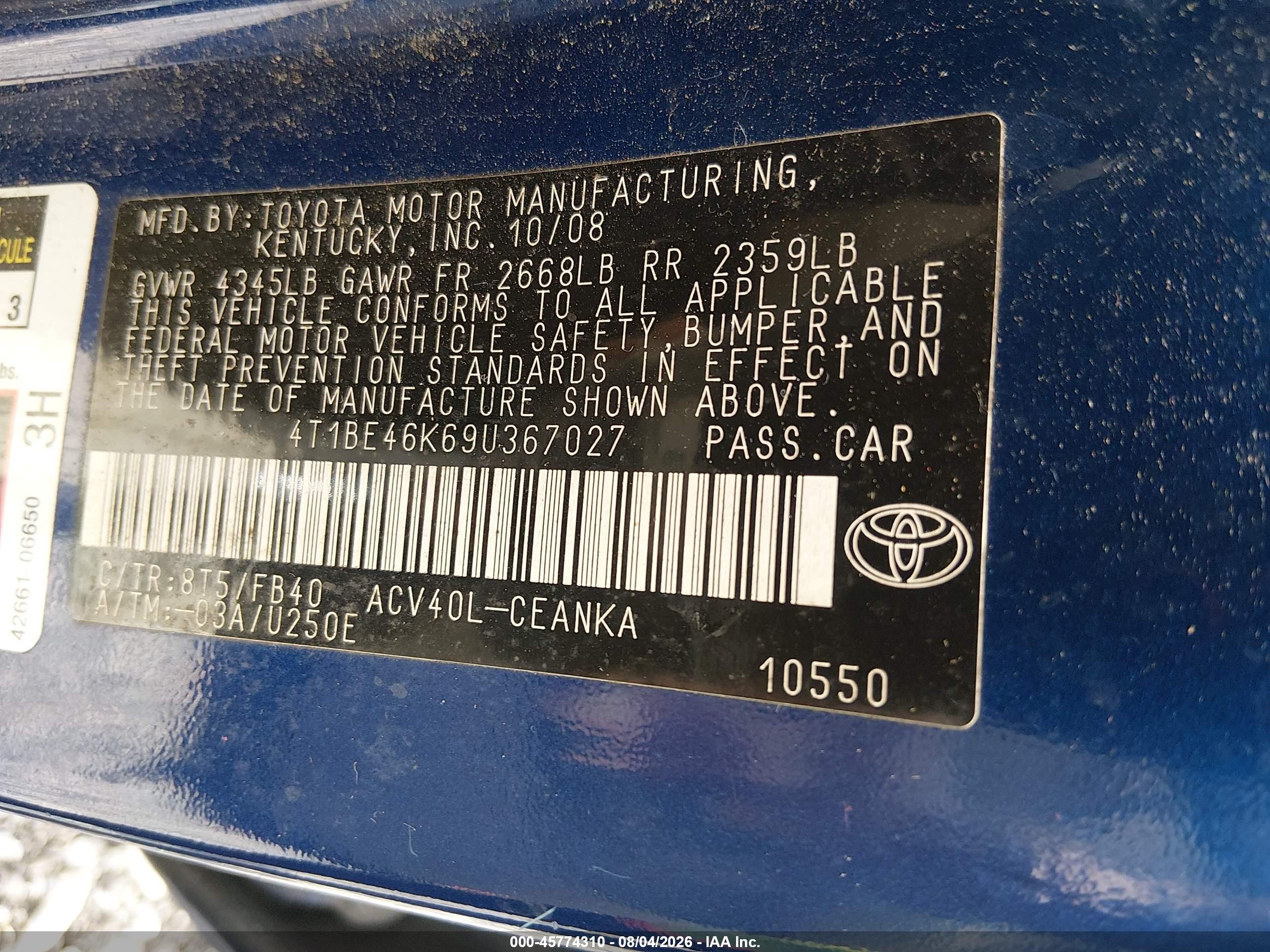2009 Toyota Camry   Blue vin: 4T1BE46K69U367027