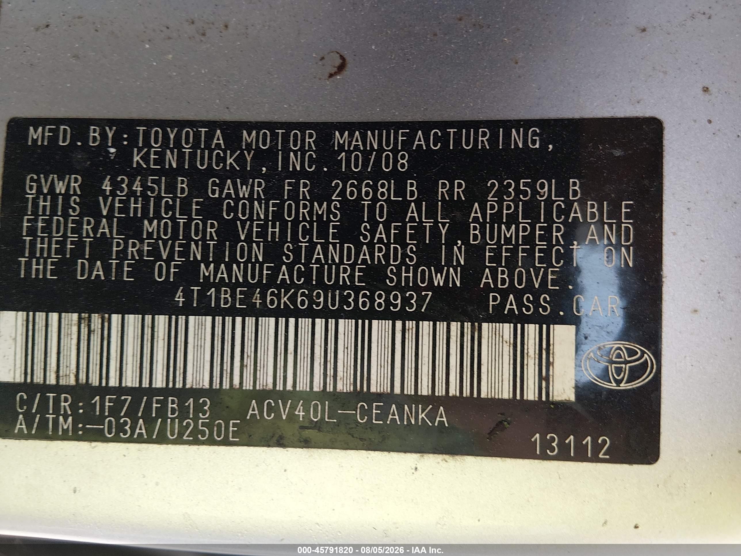2009 Toyota Camry Le Silver vin: 4T1BE46K69U368937