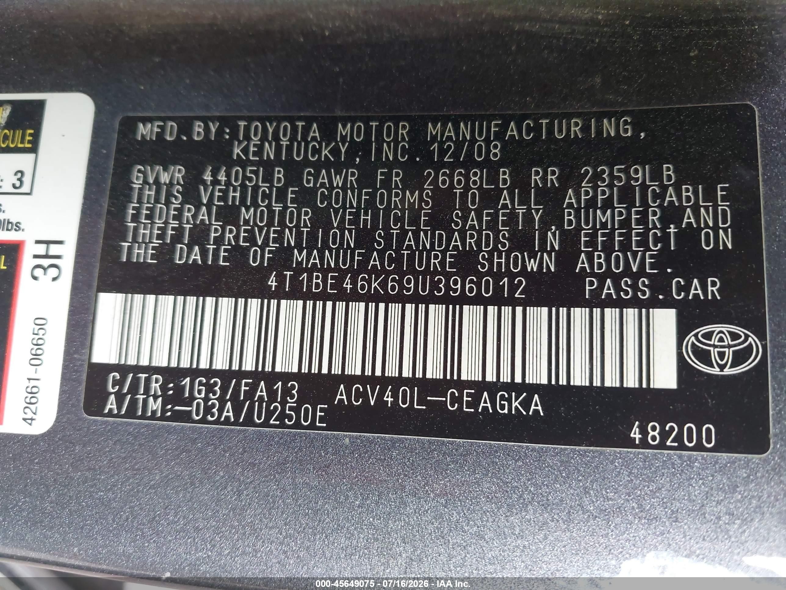 2009 Toyota Camry Xle Gray vin: 4T1BE46K69U396012
